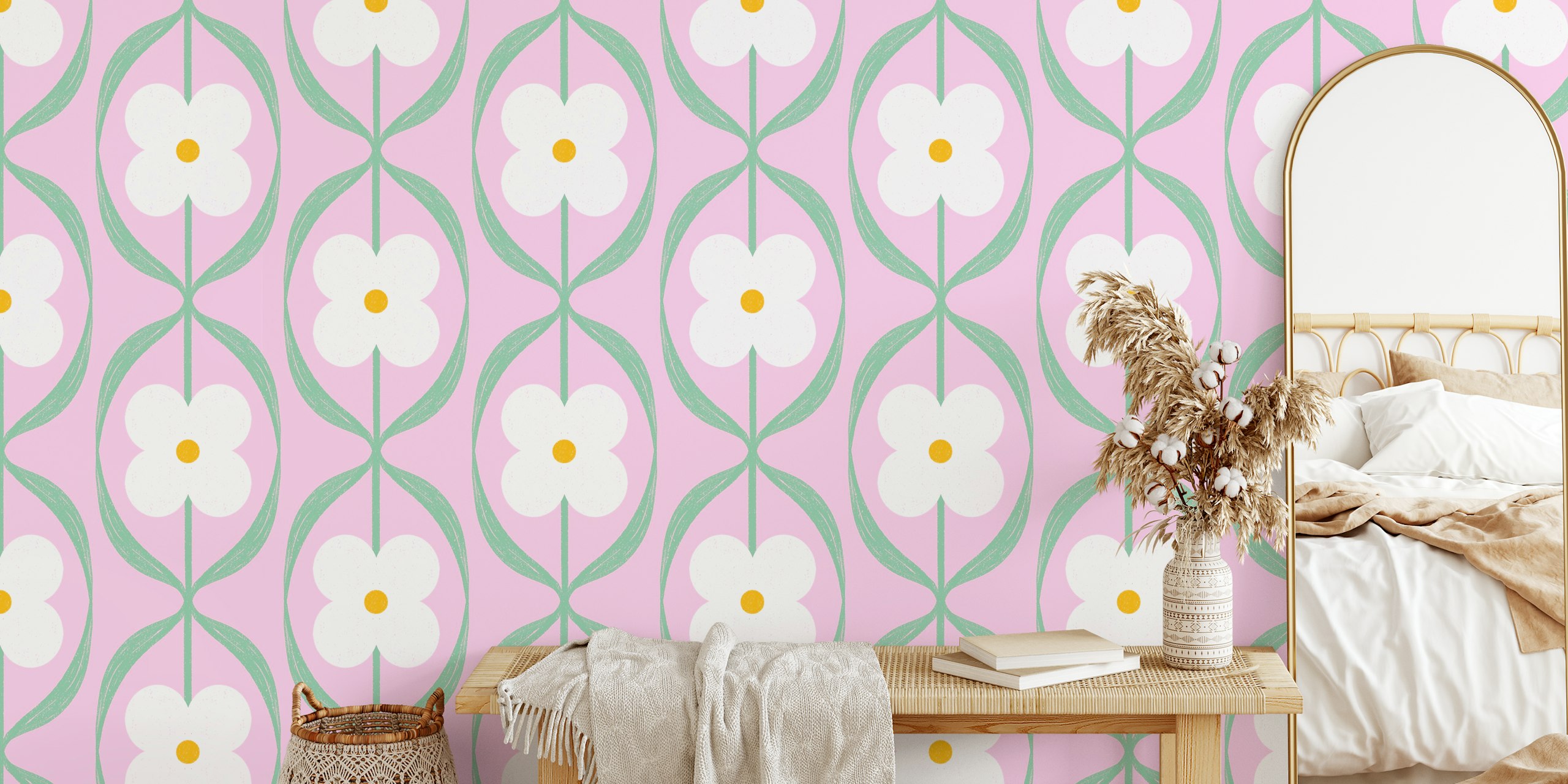 Retro daisy flowers wallpaper in a room
