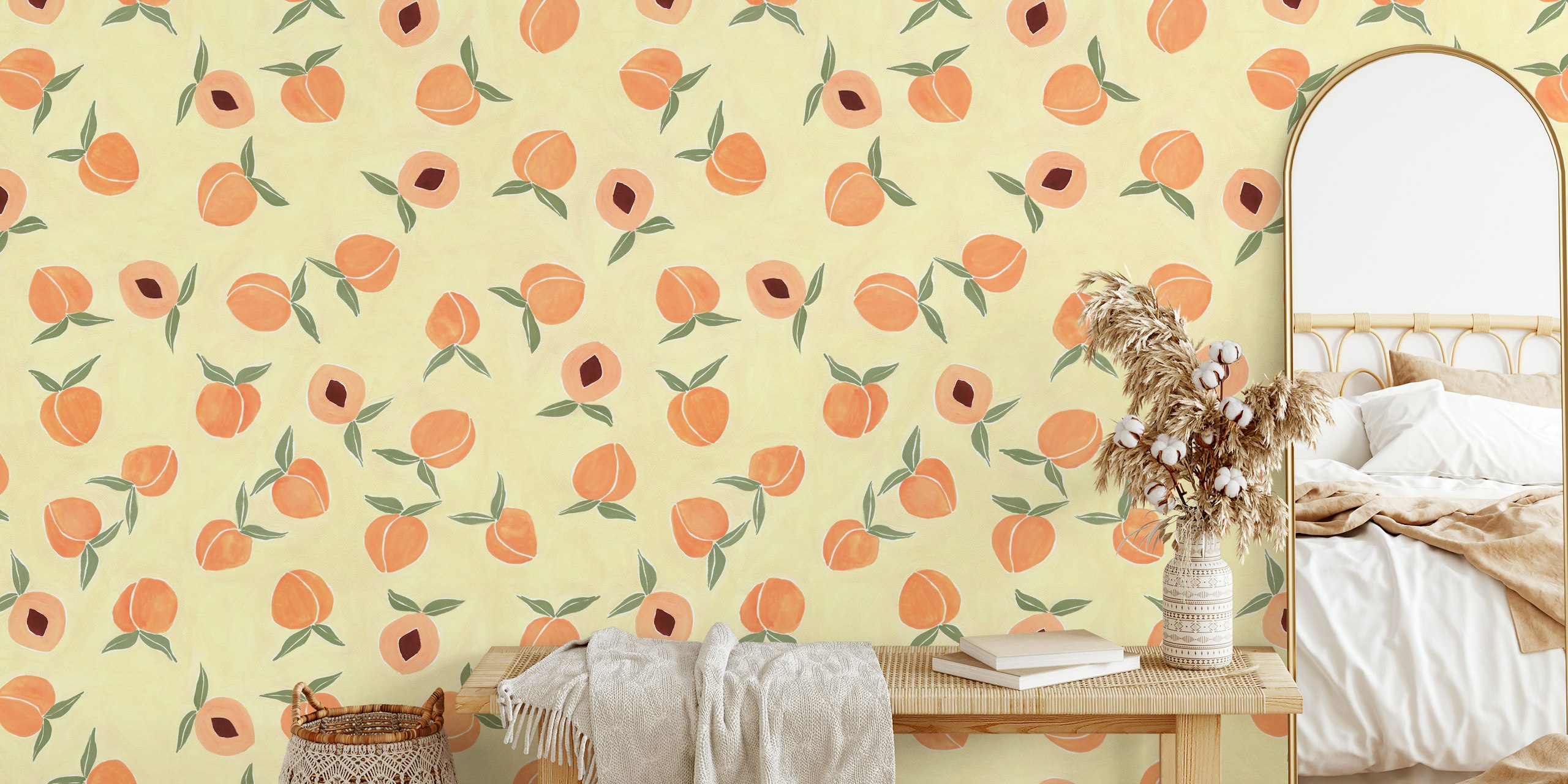 Hand-painted peaches on yellow background wallpaper