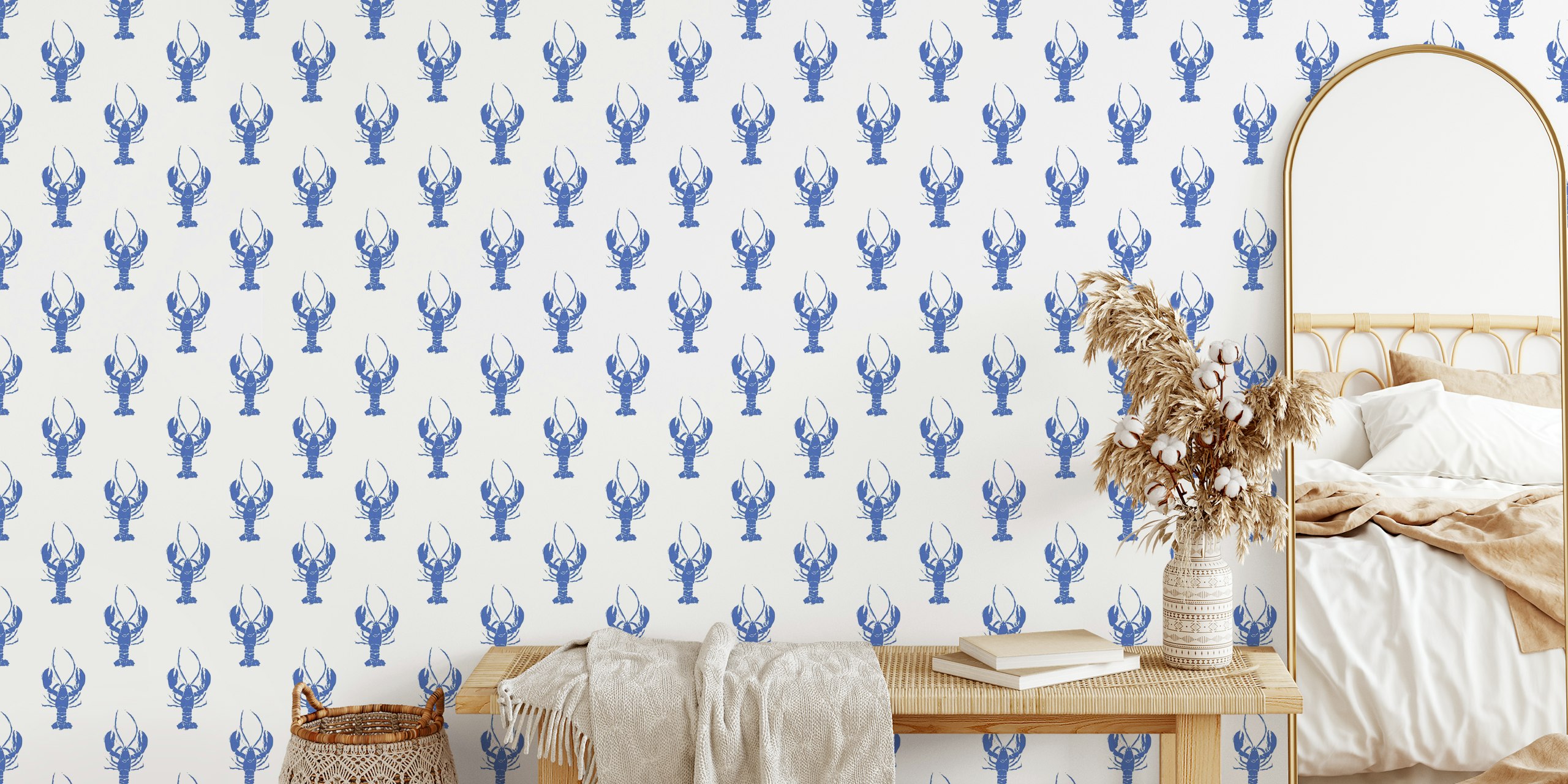 Navy and white Lobster Linocut wallpaper in a room