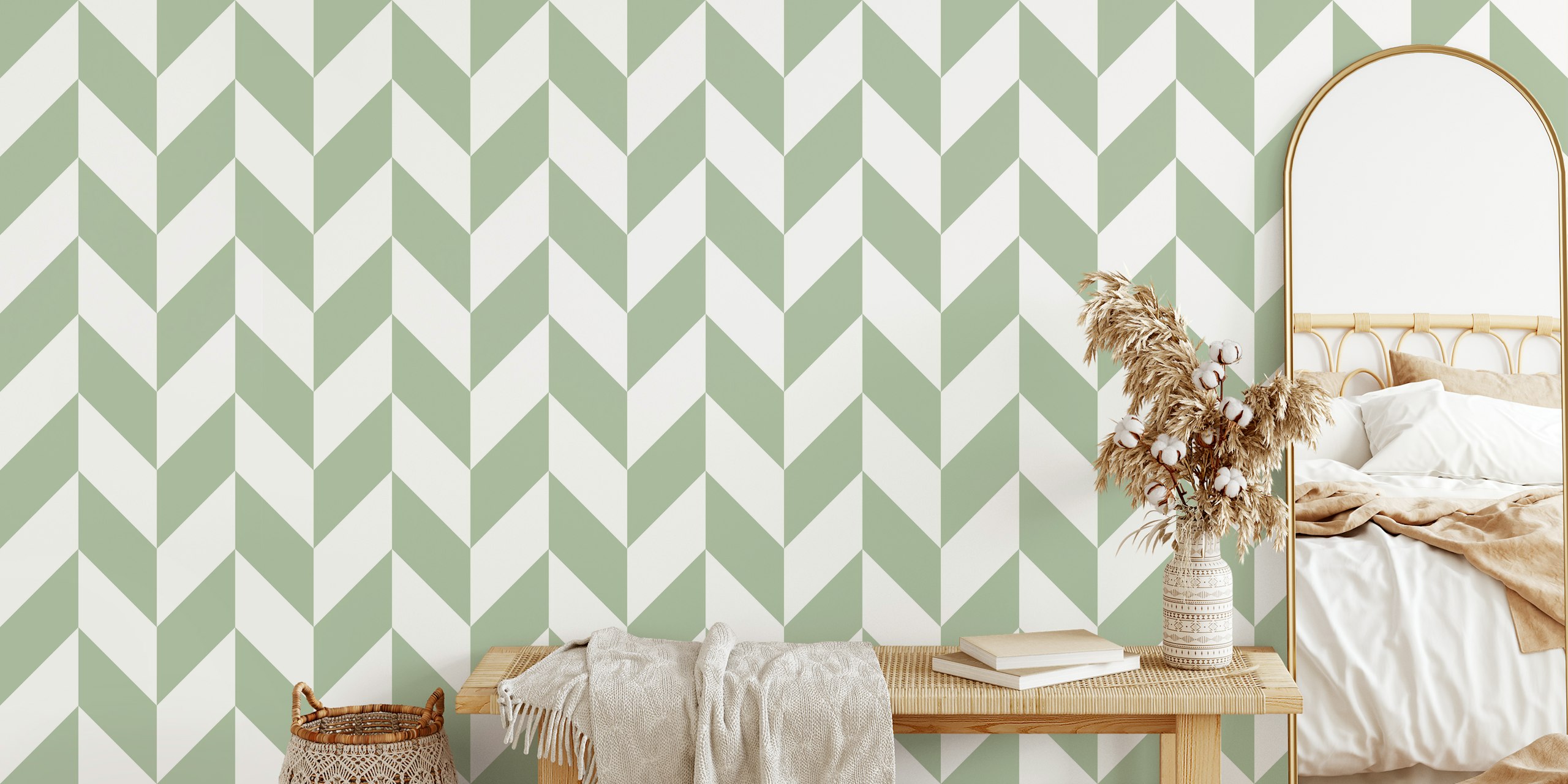 Carta da parati Modern Chevron in sage green e white