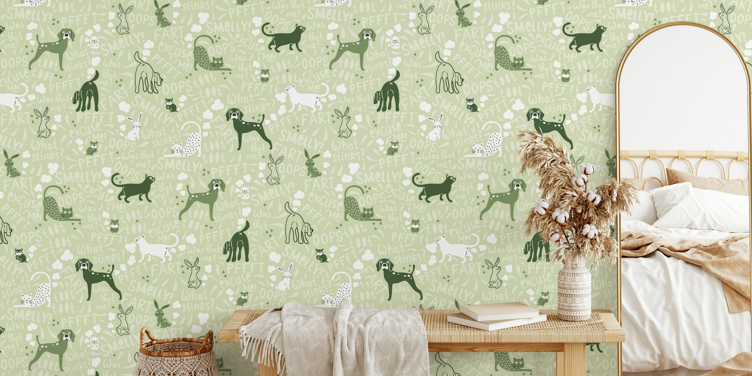 Farting pets wallpaper in a room