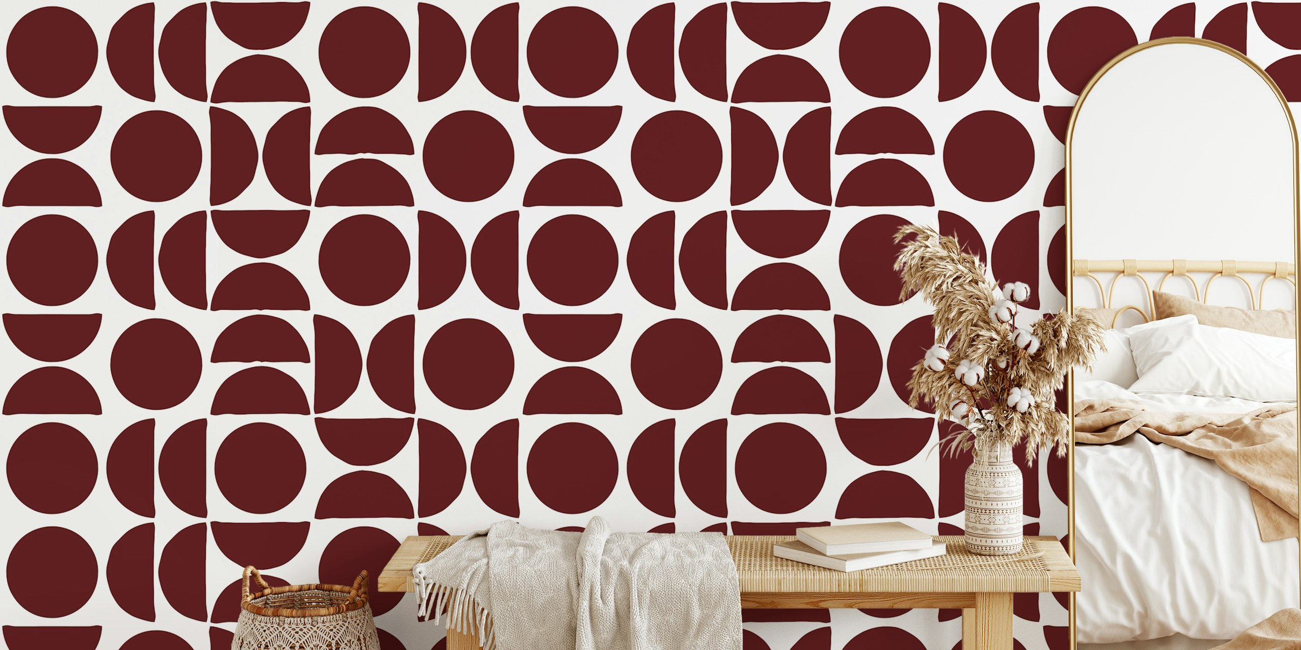 Trendy burgundy circle shapes wallpaper in room