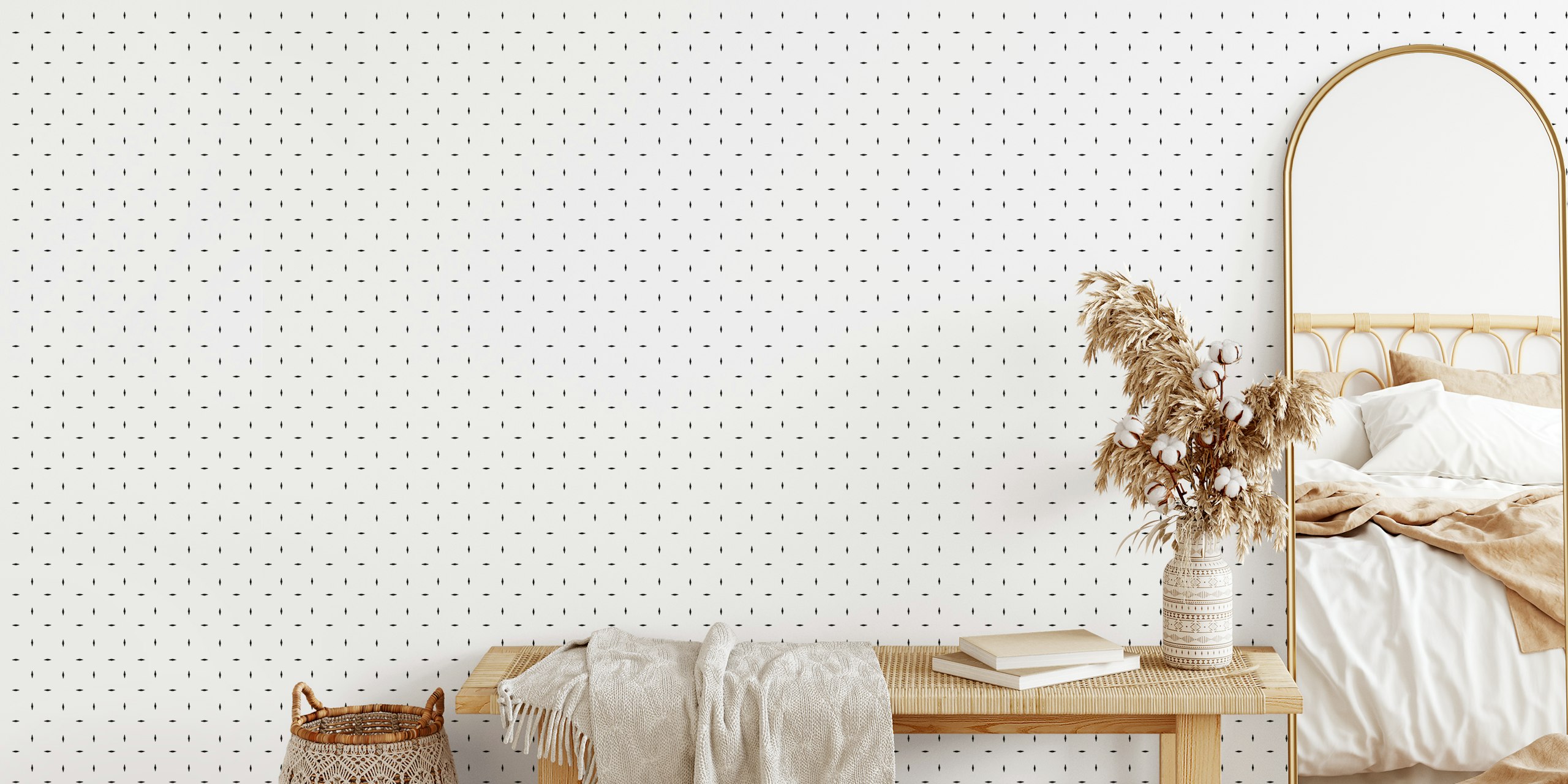 Monochrome diamond patterned wallpaper in a room