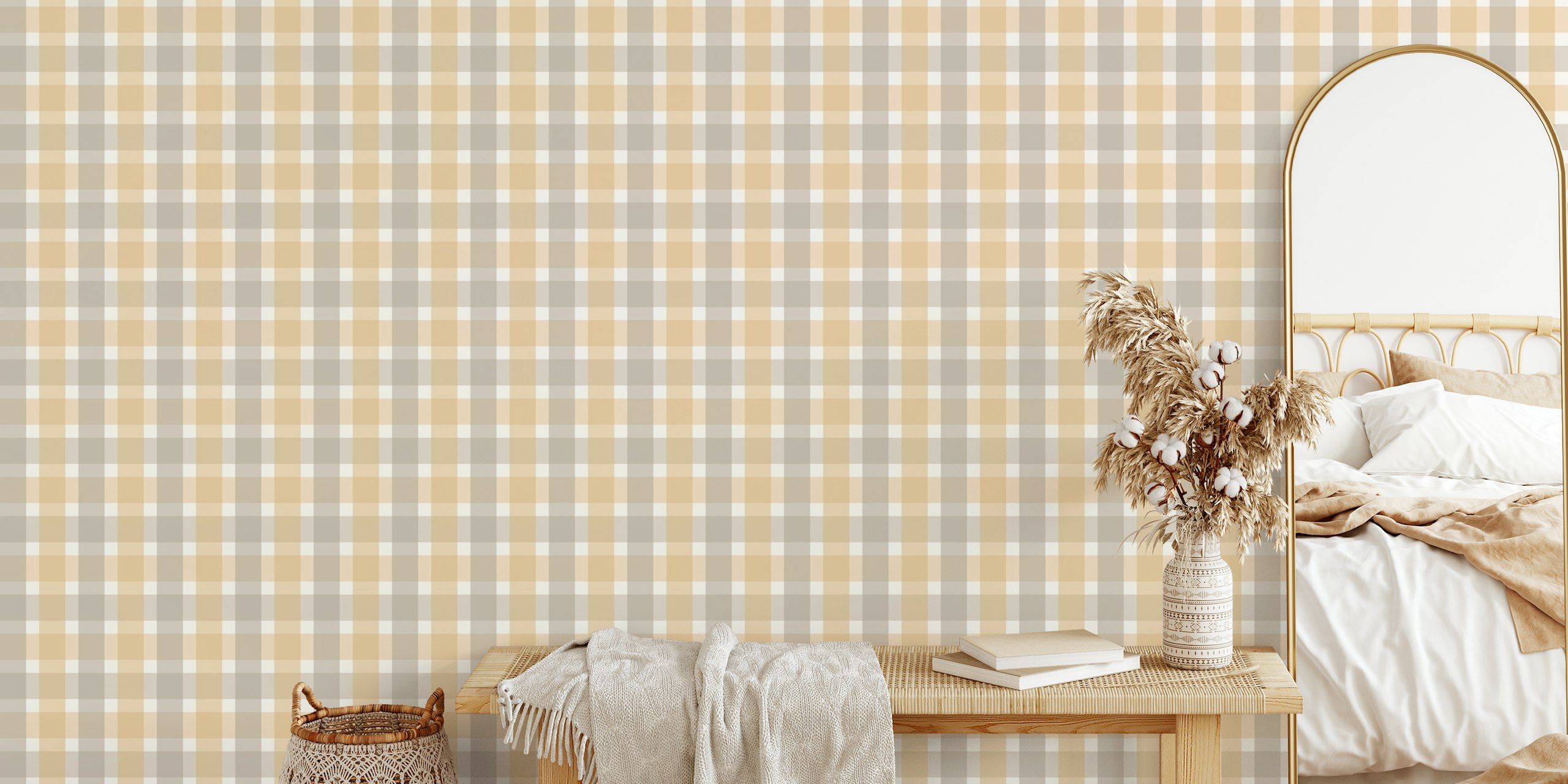 Beige and gray plaid pattern wallpaper with warm tones