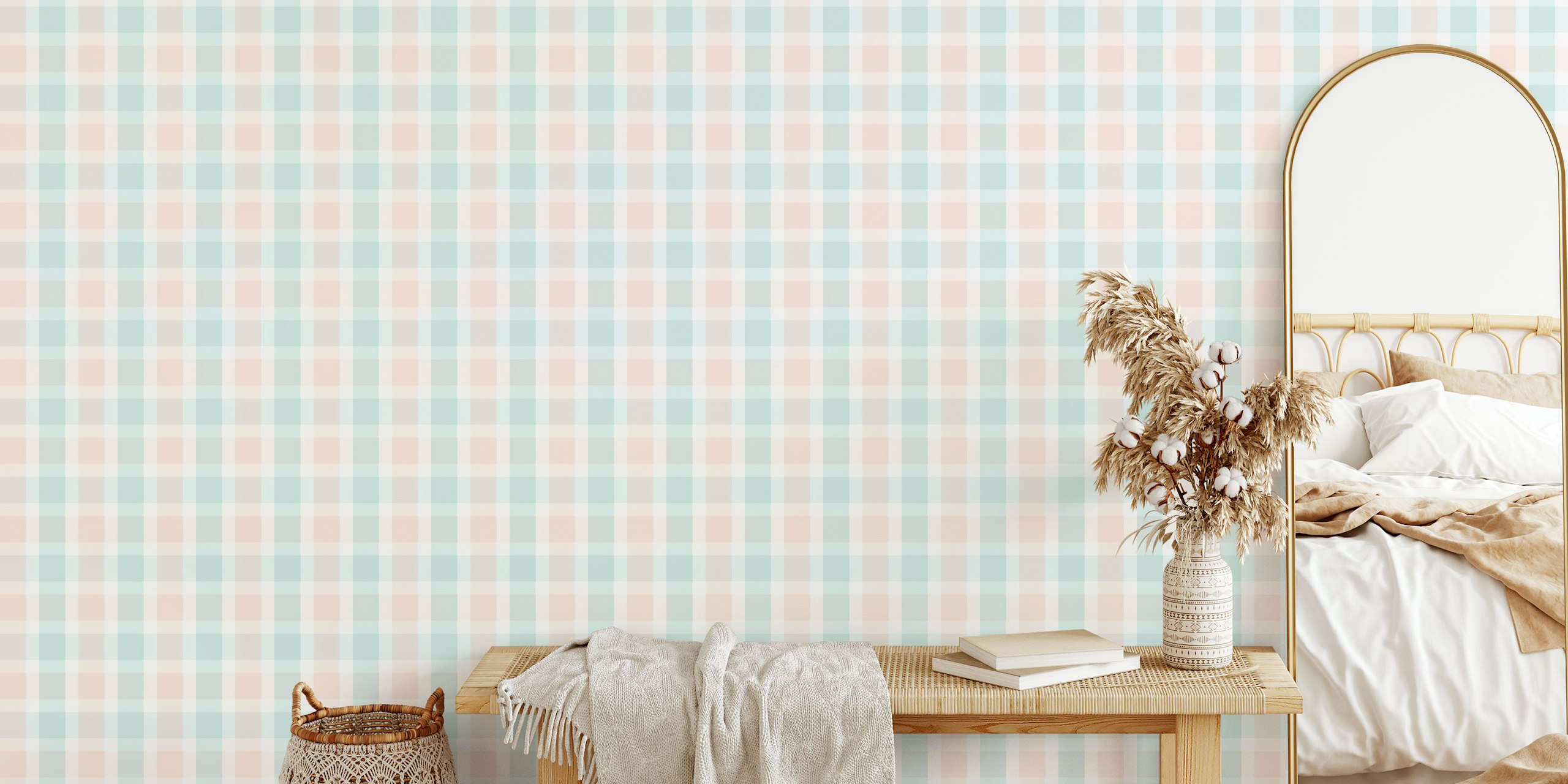 Rustic Plaid Aqua and Powder Rose Tapete in einem Raum