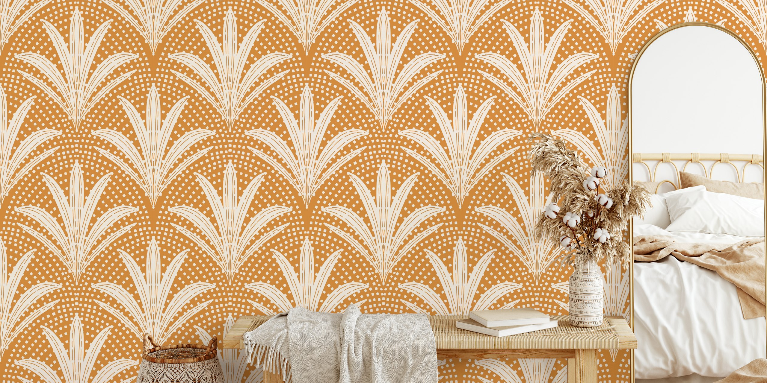 Boho rustic palm wallpaper viihtyisässä huoneessa