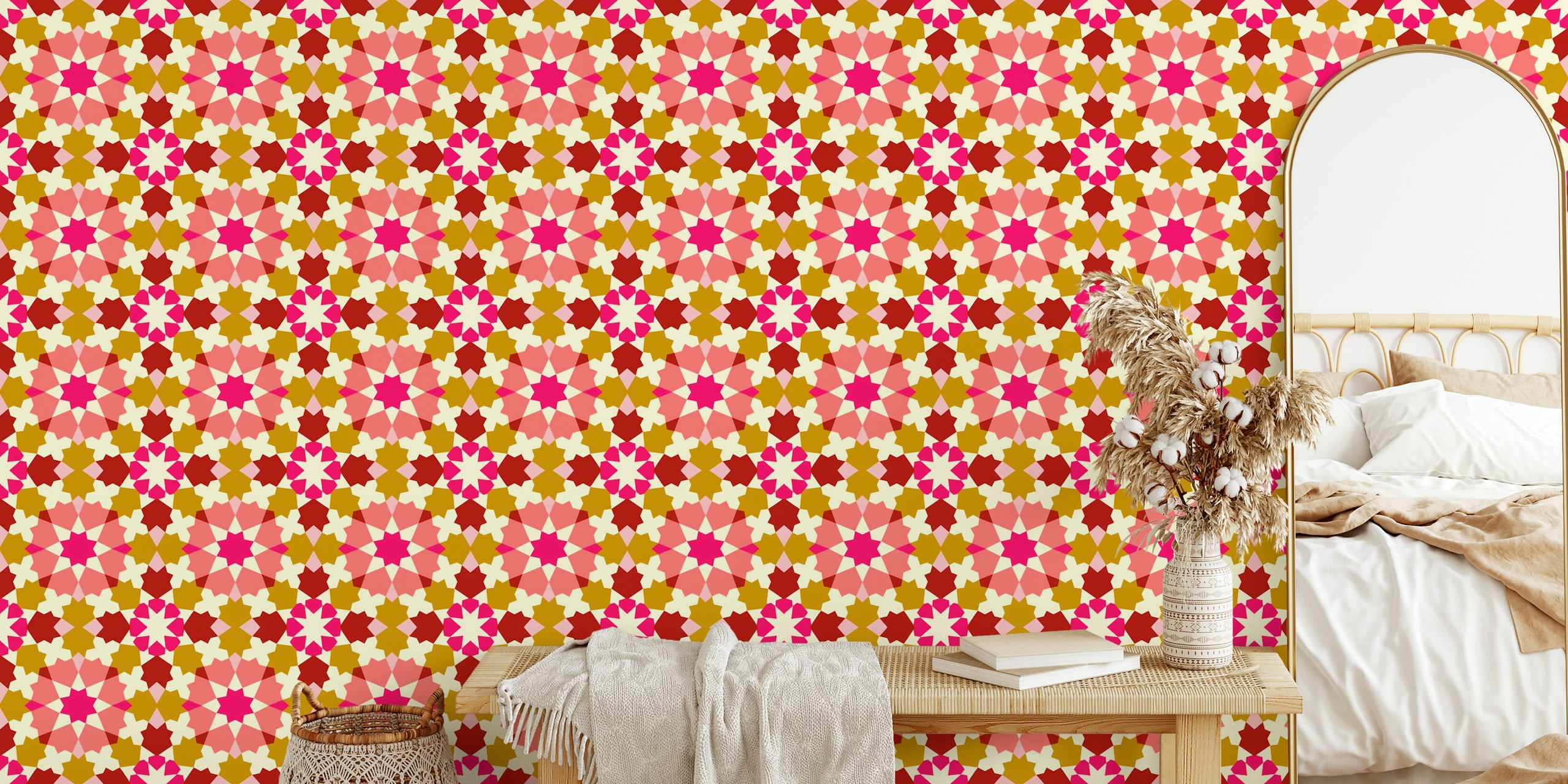 Colorful star-shaped patterns in pink, cream, and brown wallpaper