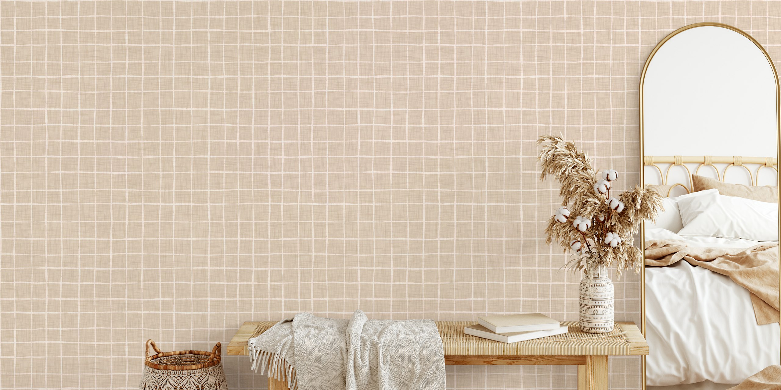 Papel pintado Beige Linen Grid en una habitación moderna