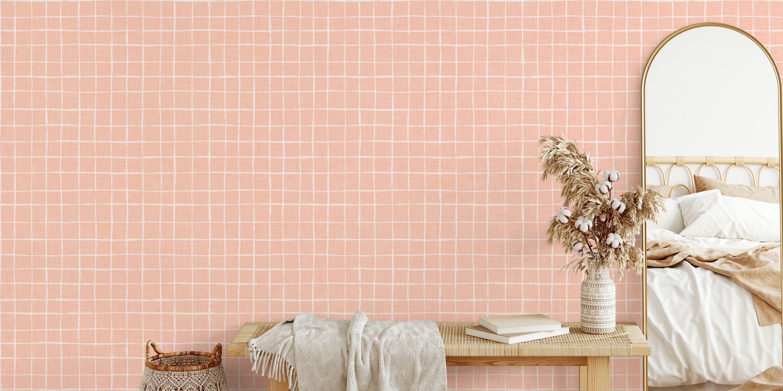 Papel tapiz Retro Blush Grid en una habitación