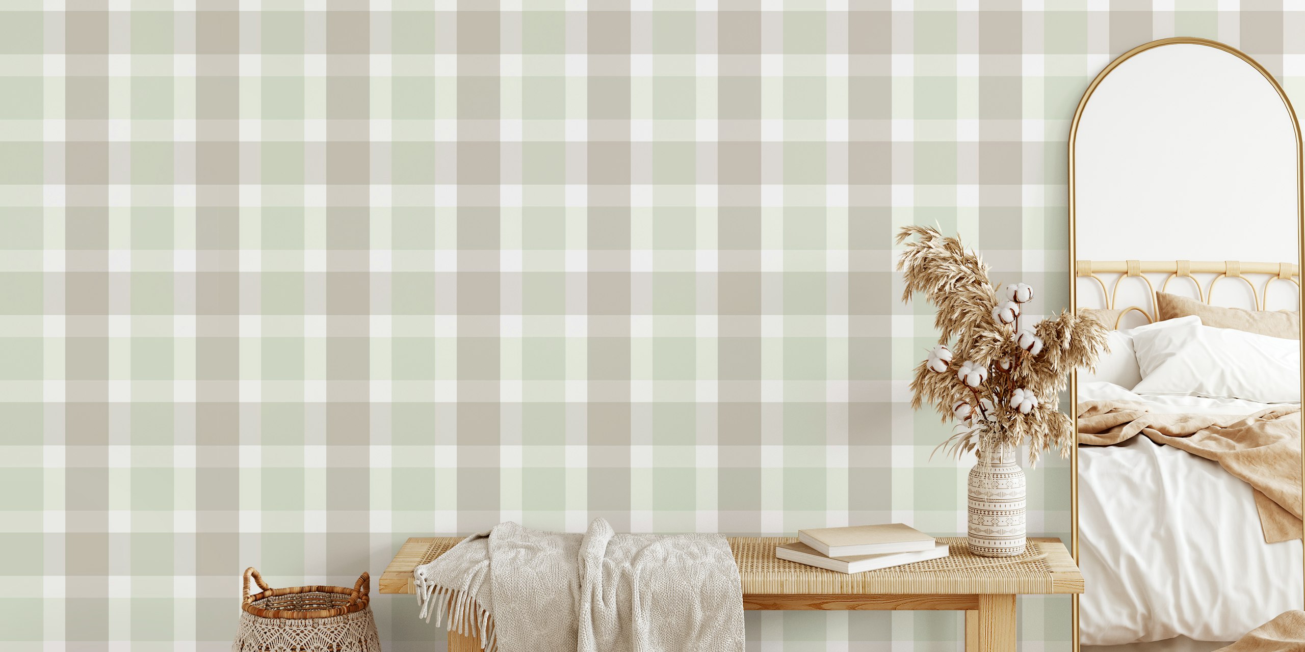 Sage green plaid wallpaper with a rustic pattern, offering a warm and inviting atmosphere