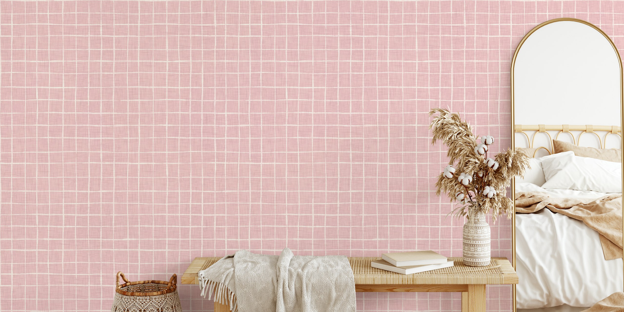 Pink grid pattern with white lines wallpaper