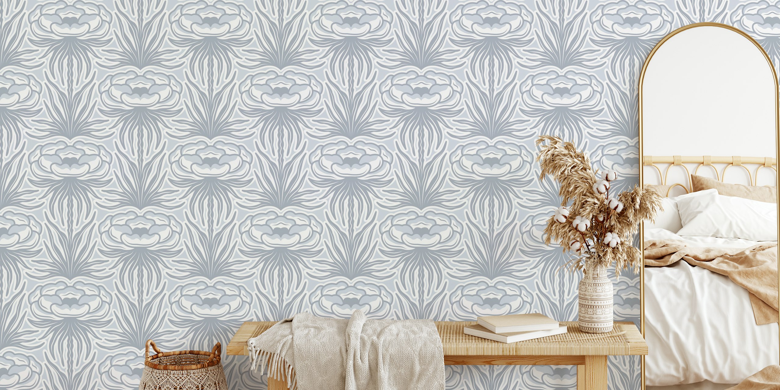 Vintage peony flower pattern in light grey wallpaper