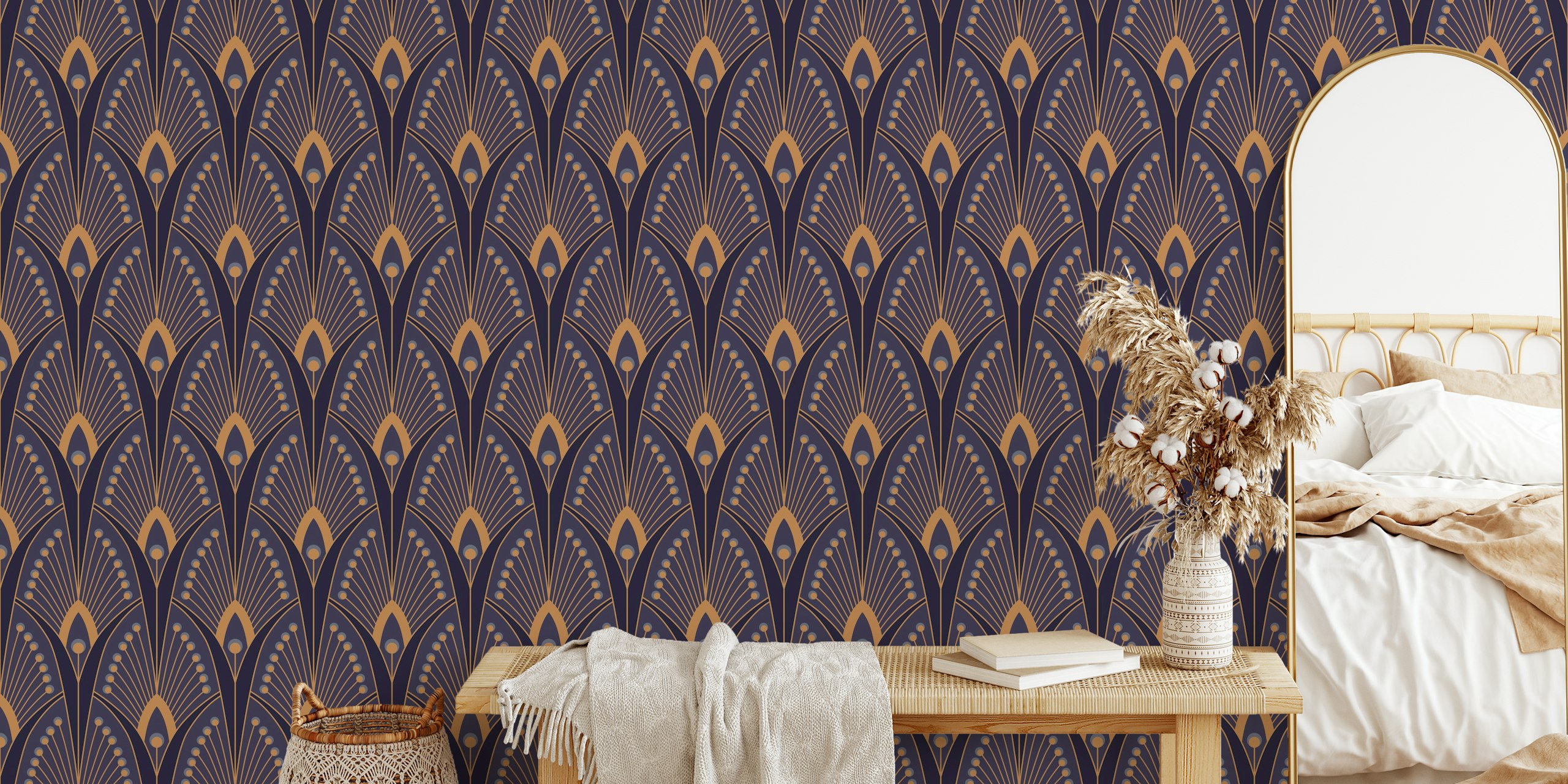 Art deco peacock feather design in blue and gold wallpaper
