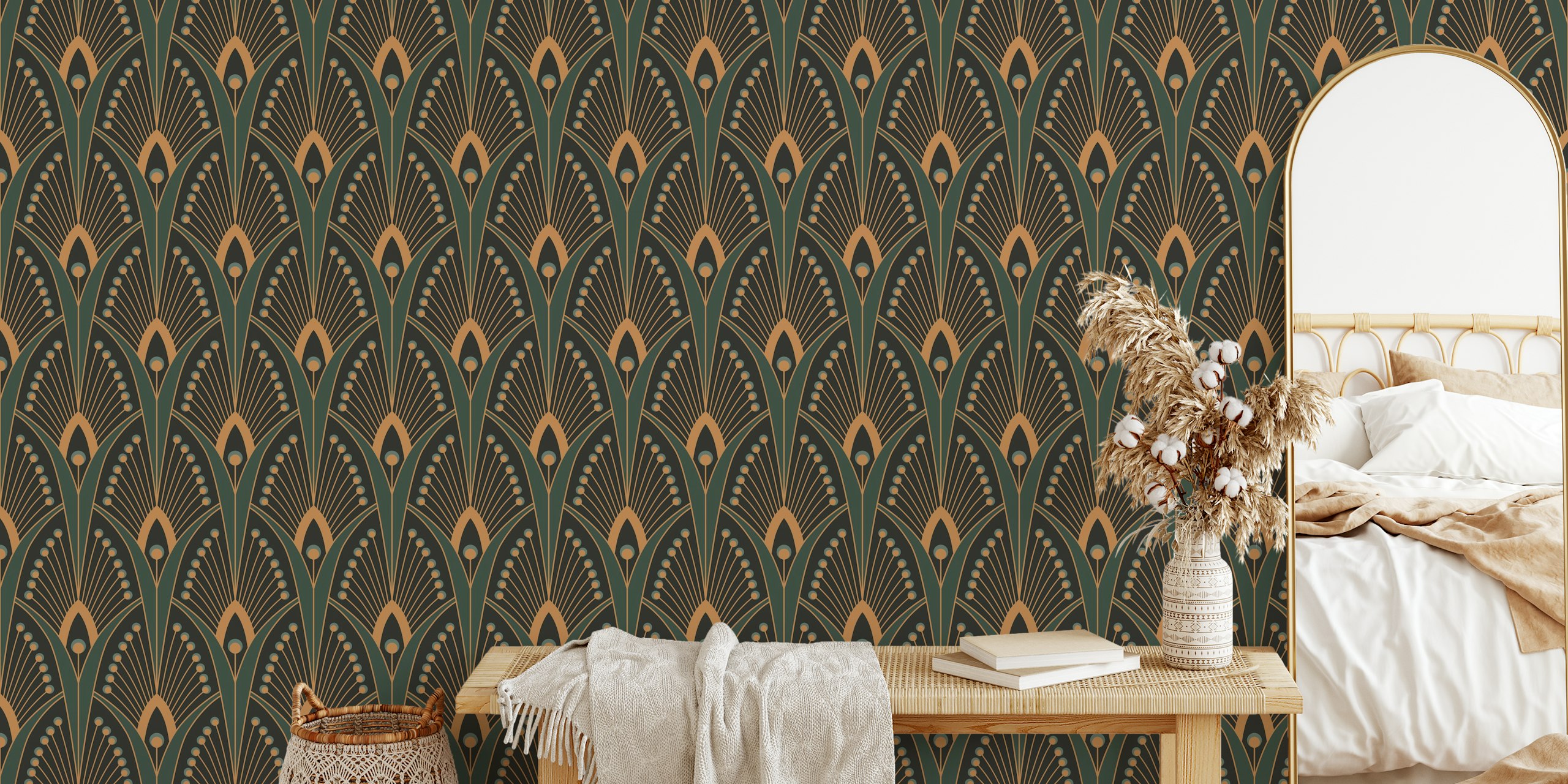 Geometric pattern with green and golden hues in Art Deco style wallpaper
