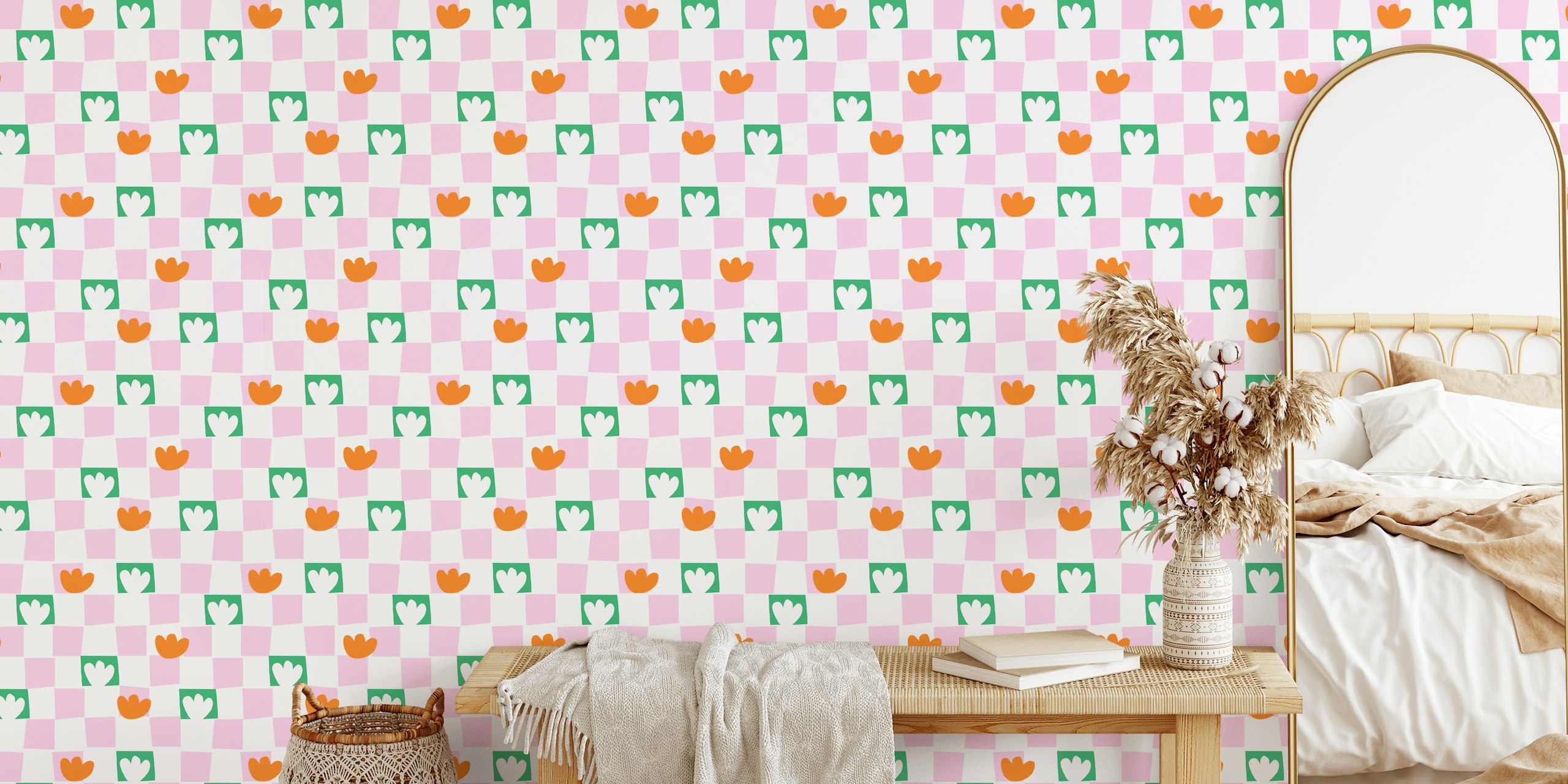 Colorful floral checkerboard wallpaper in pink, green, orange