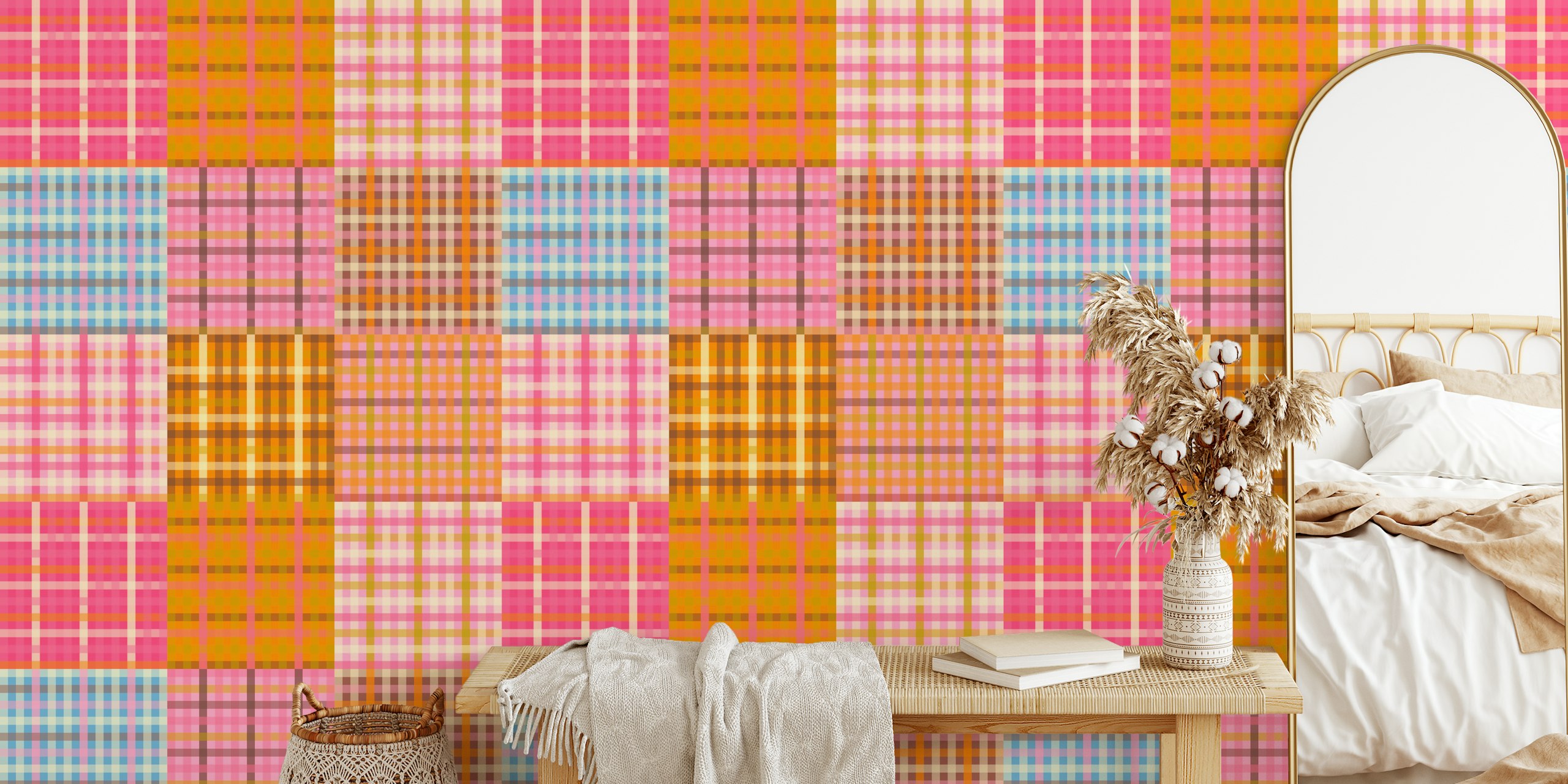 Pink gingham patchwork wallpaper design