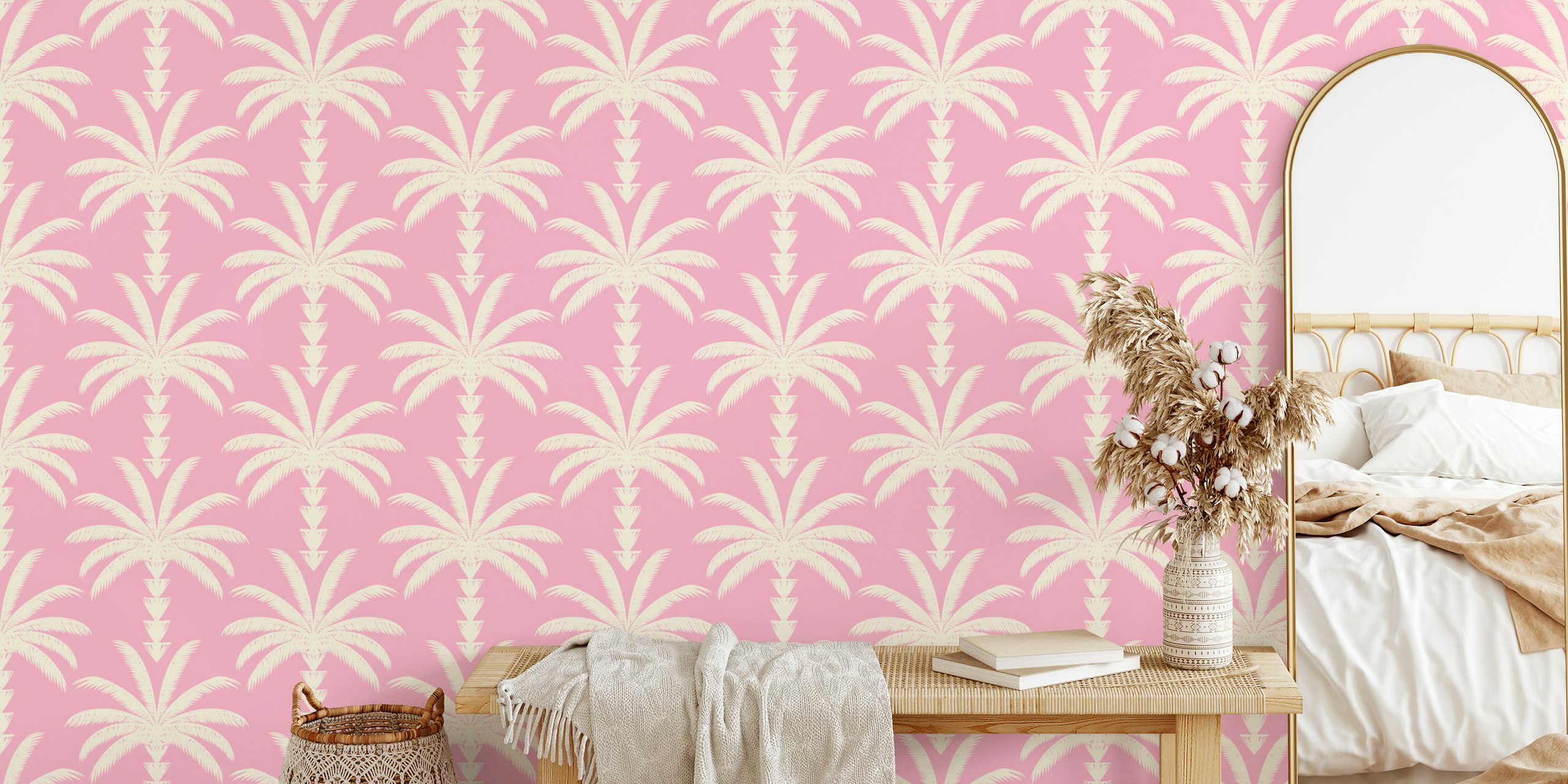 Pink tropical palm leaves pattern wallpaper