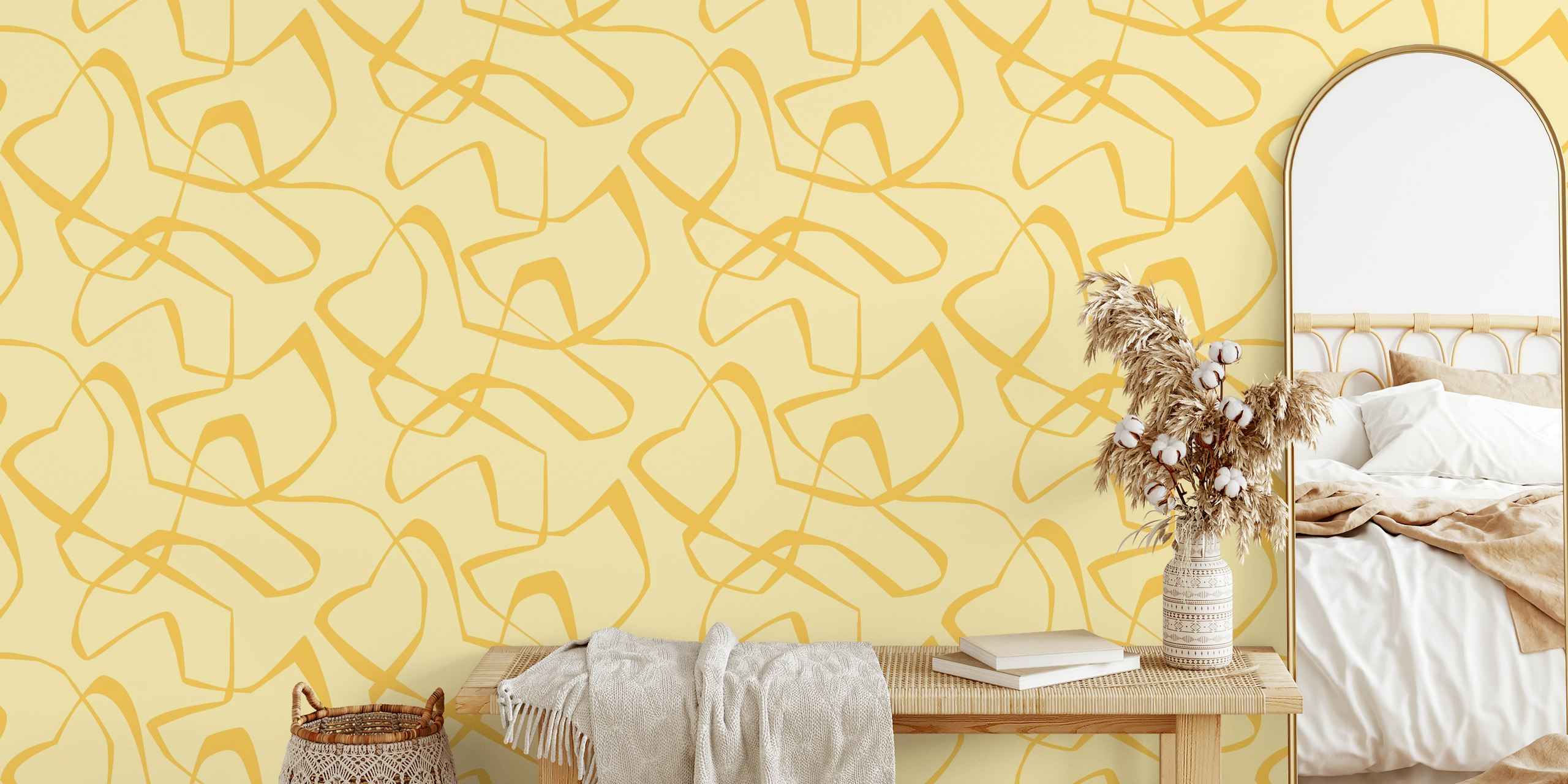 Japandi imperfect lines wallpaper in butter yellow