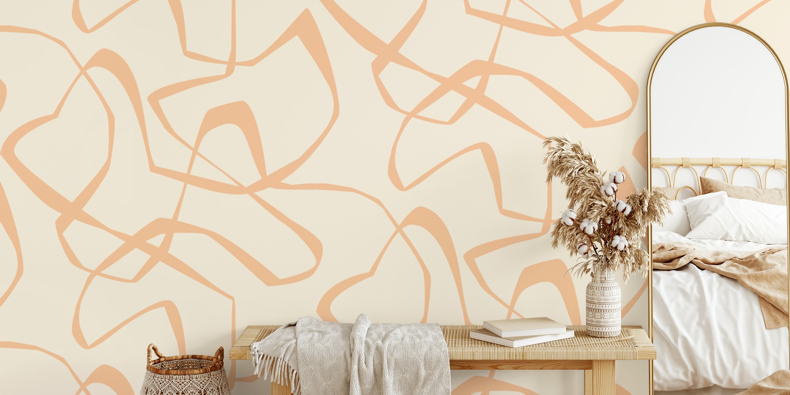 Abstract peach lines on beige background wallpaper