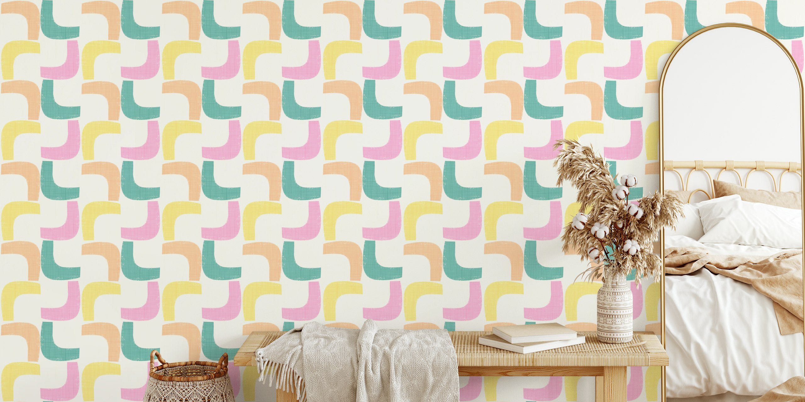 Pastel geometric shapes in pink, blue, yellow, and orange wallpaper