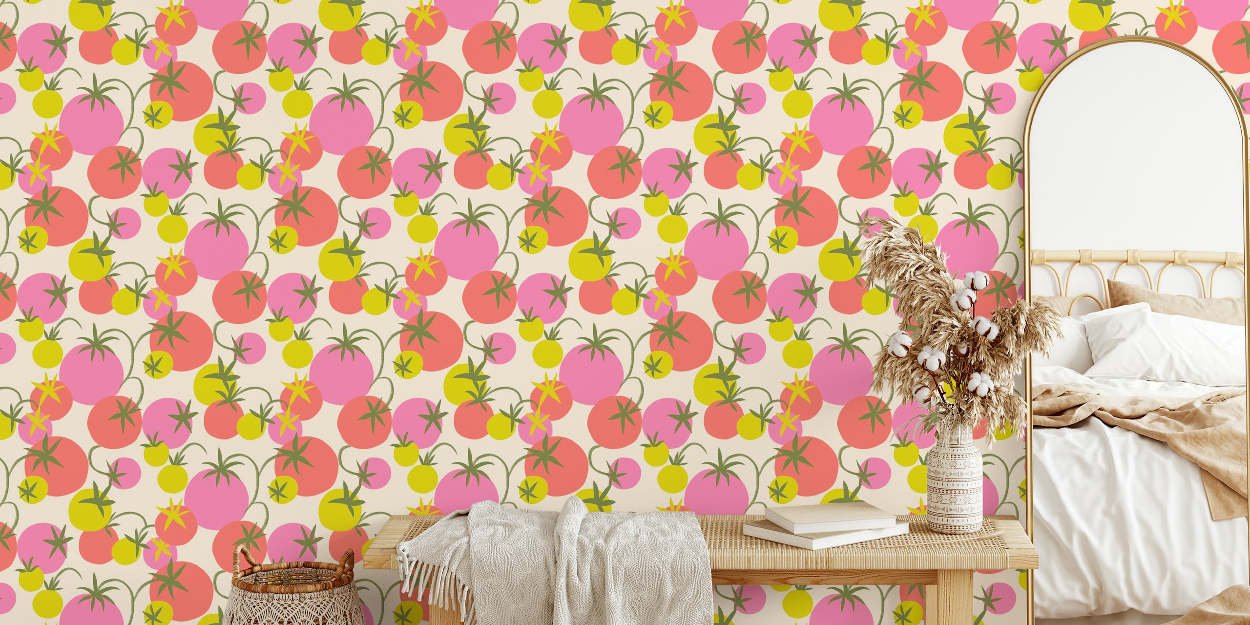 Colorful tomatoes in shades of pink, yellow, and green wallpaper