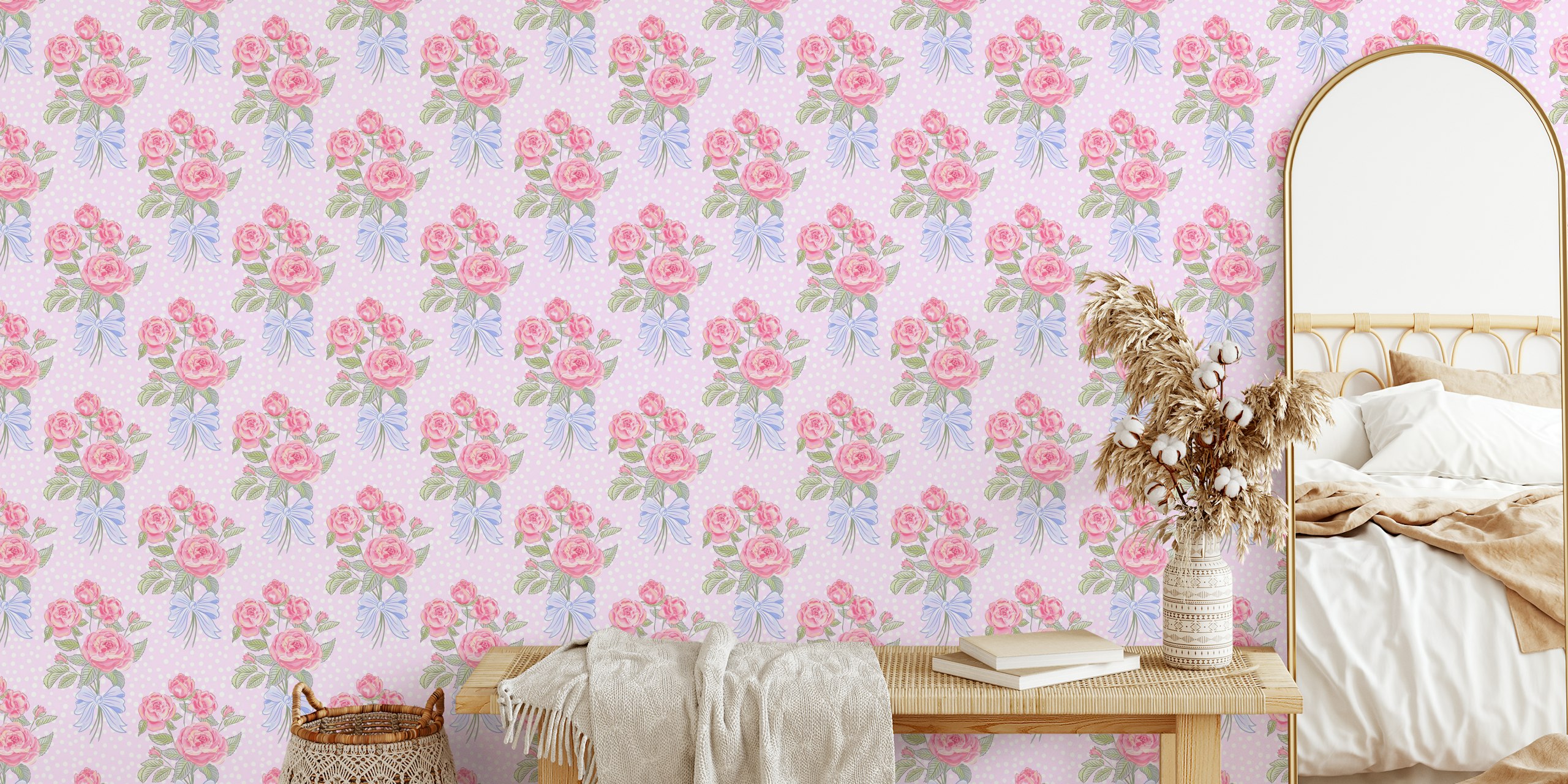 Rosy floral pattern with blue ribbons on soft lavender wallpaper