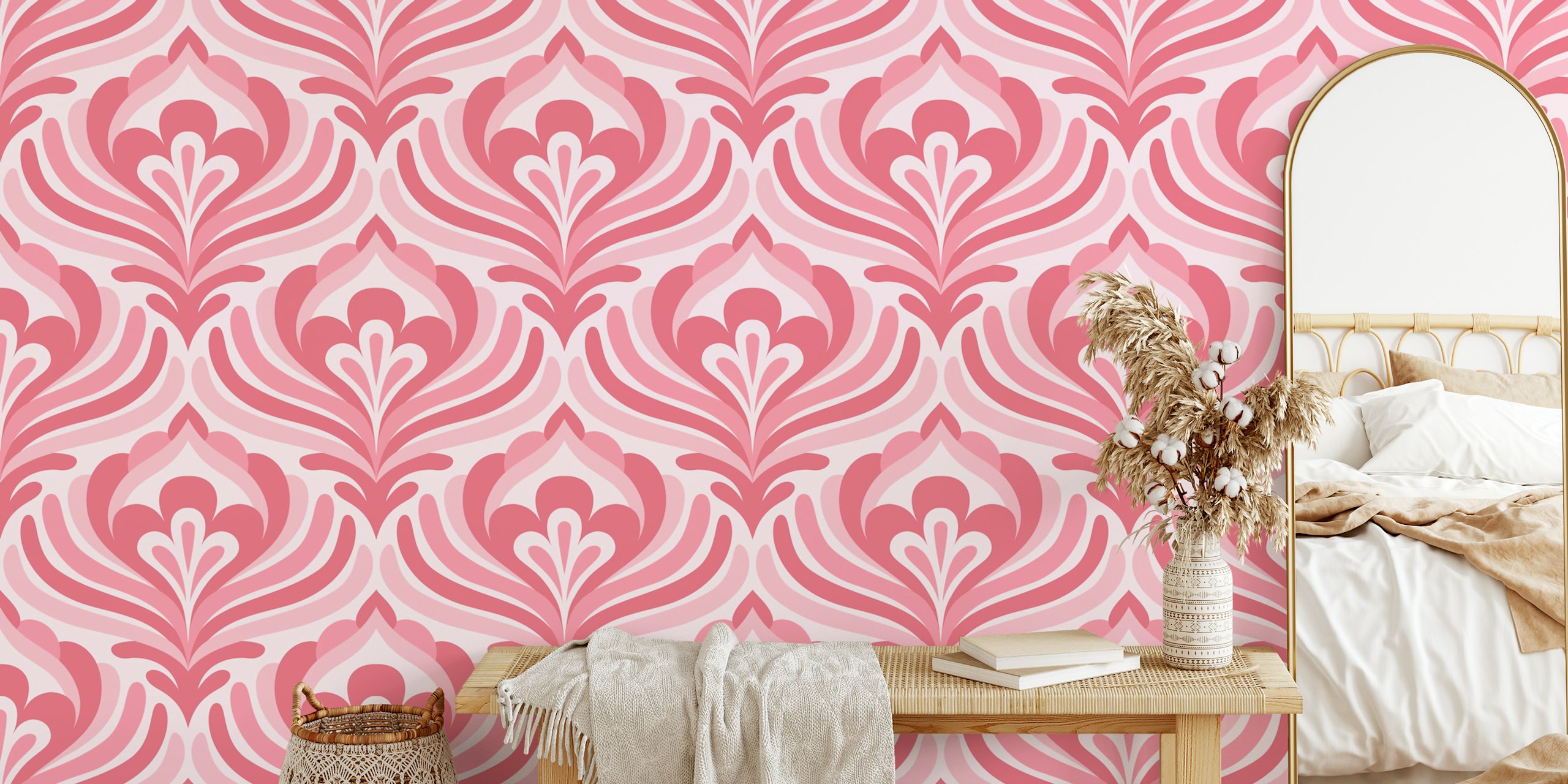 Vintage Abstract Floral Waves Pink tapettisuunnittelu