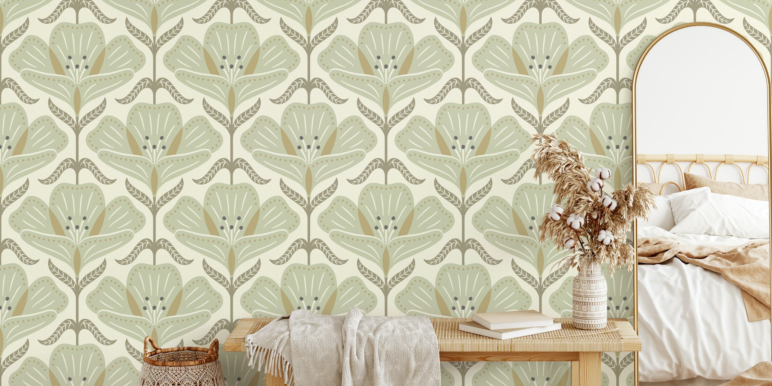 Floral pattern in green and taupe colors wallpaper