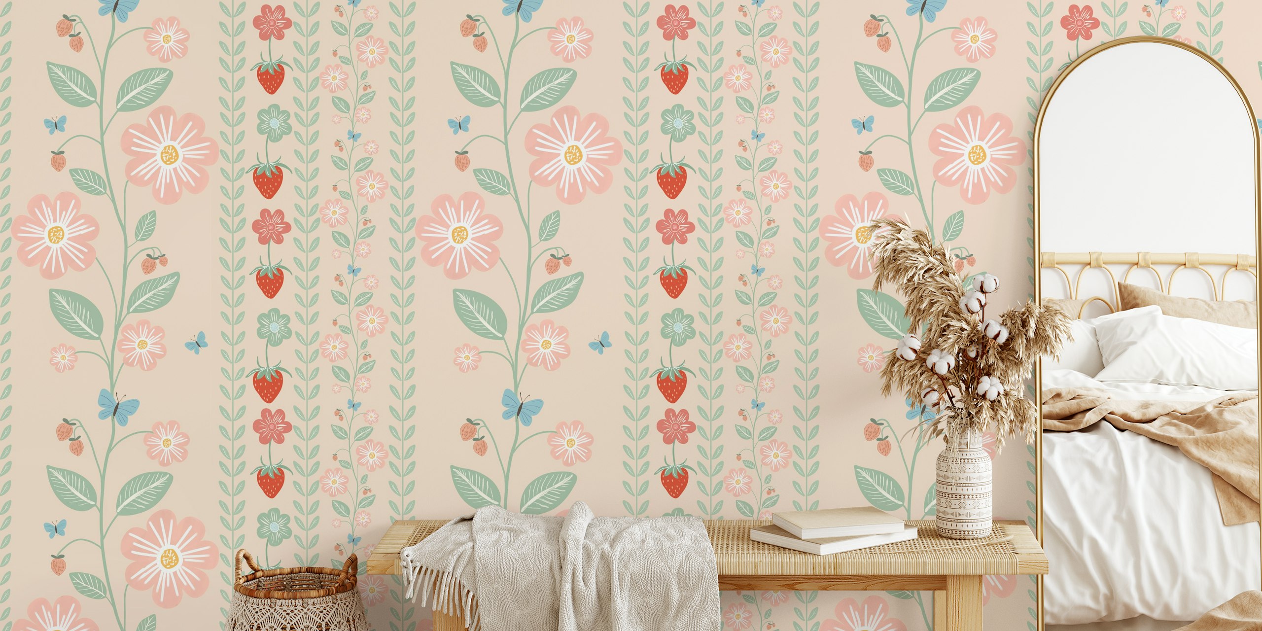 Floral and strawberry patterns in soft pink tones wallpaper