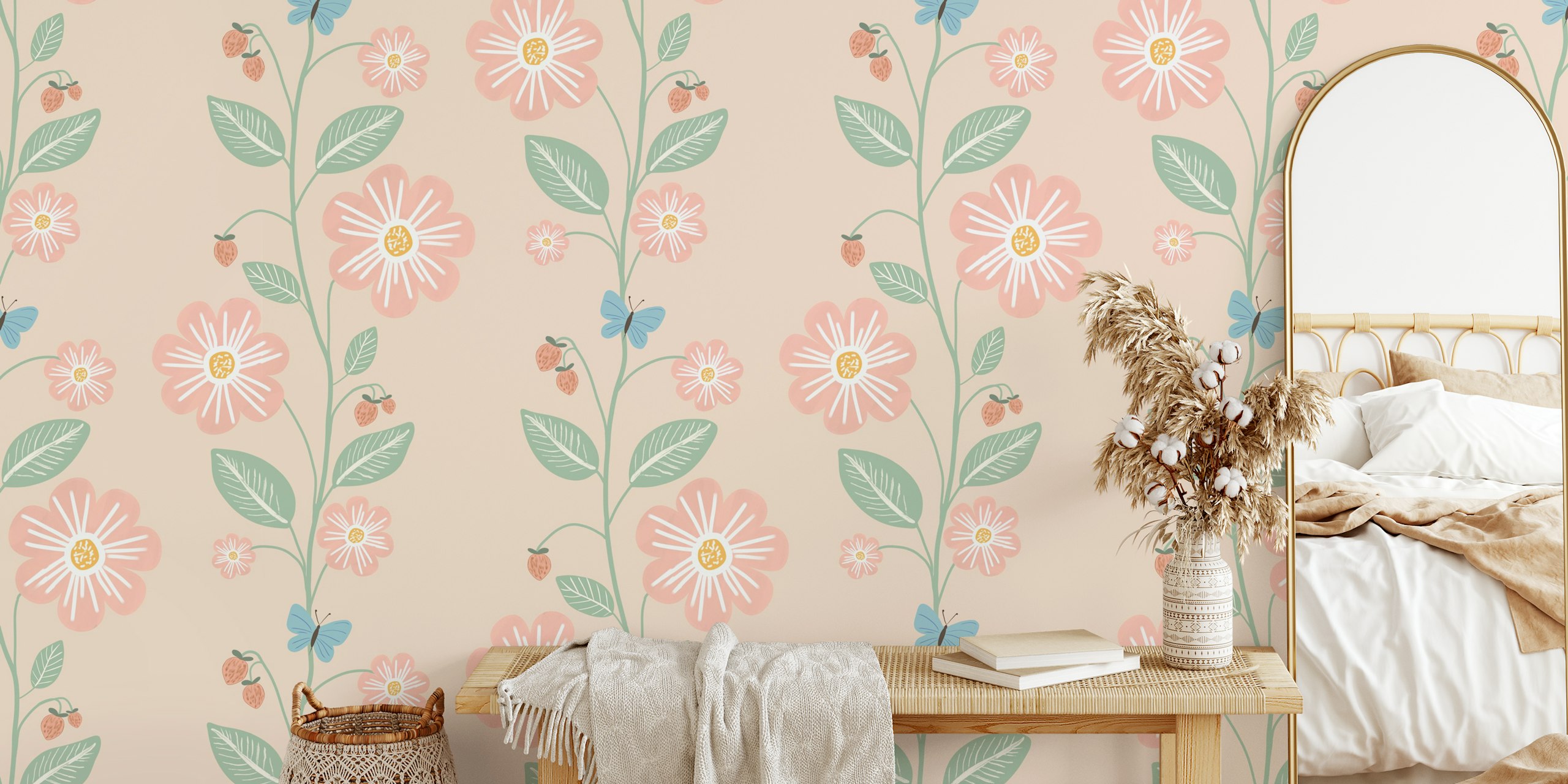 Ταπετσαρία Strawberry Vines & Blossoms Natural Linen σε ένα δωμάτιο