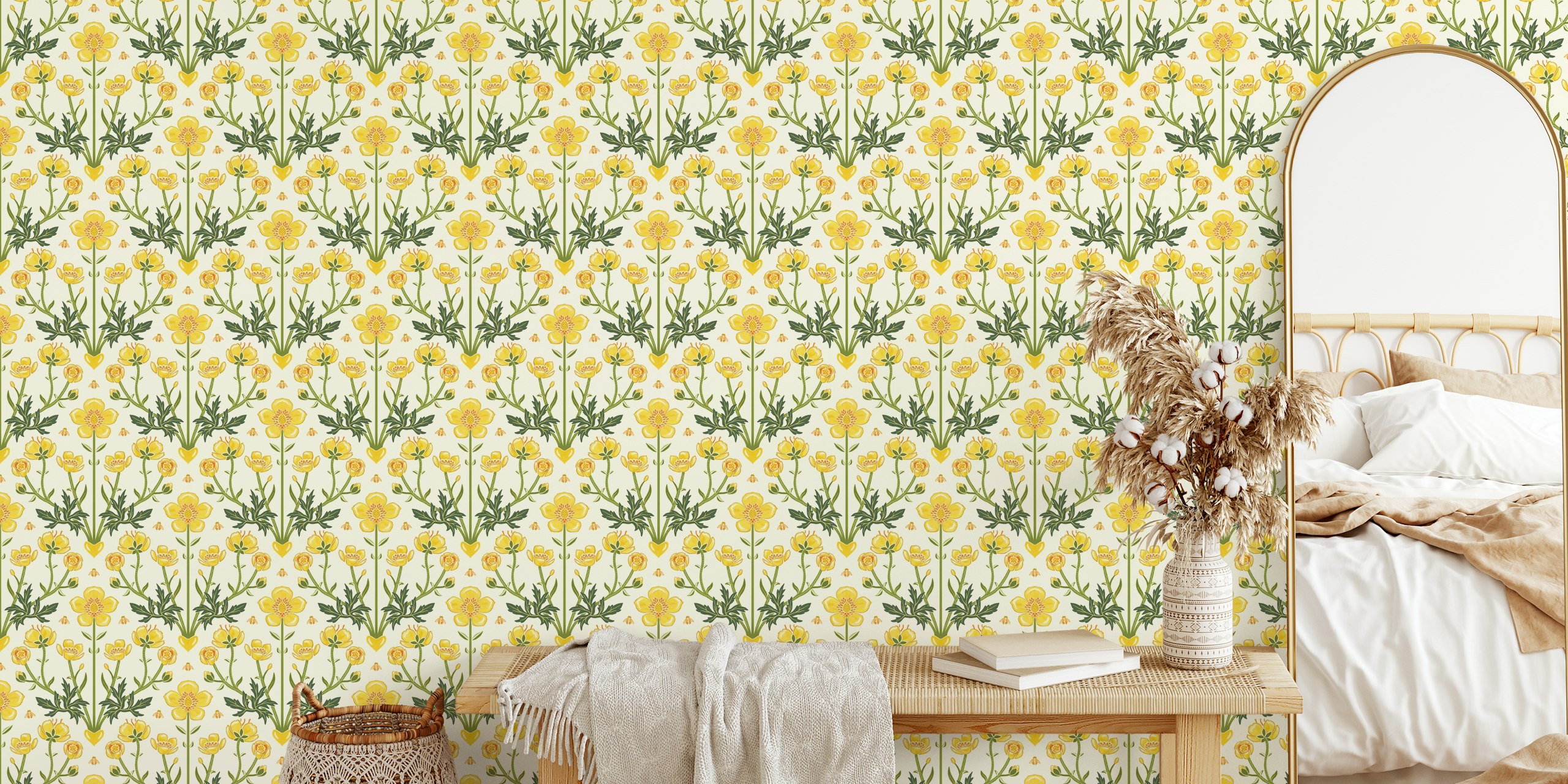 Buttercup garden with bees wallpaper in a room