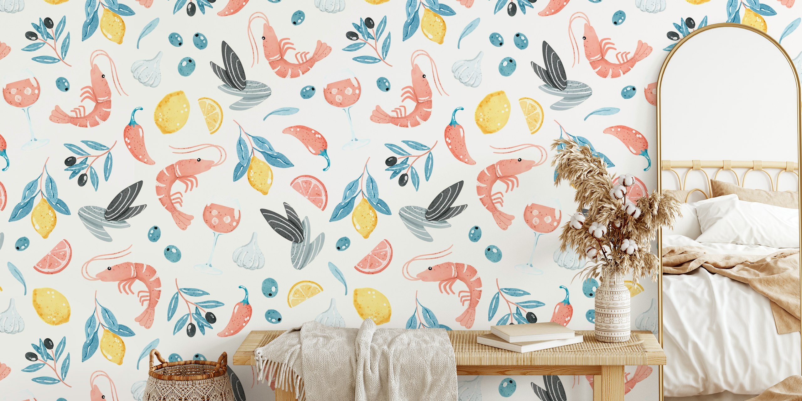 Colorful shrimp, lemons, and olive leaves pattern wallpaper