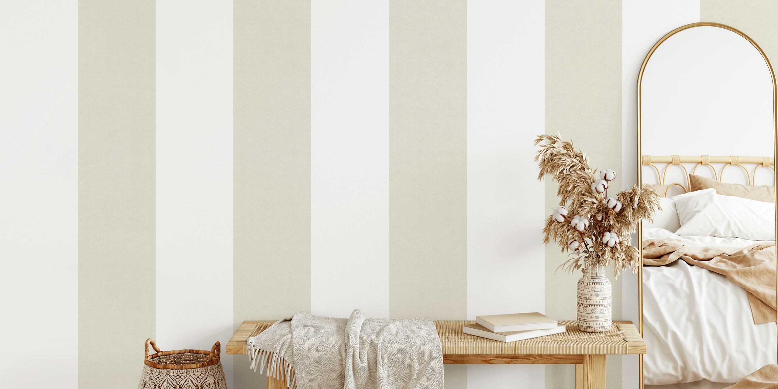 Beige and white wide striped wallpaper showcasing a modern design