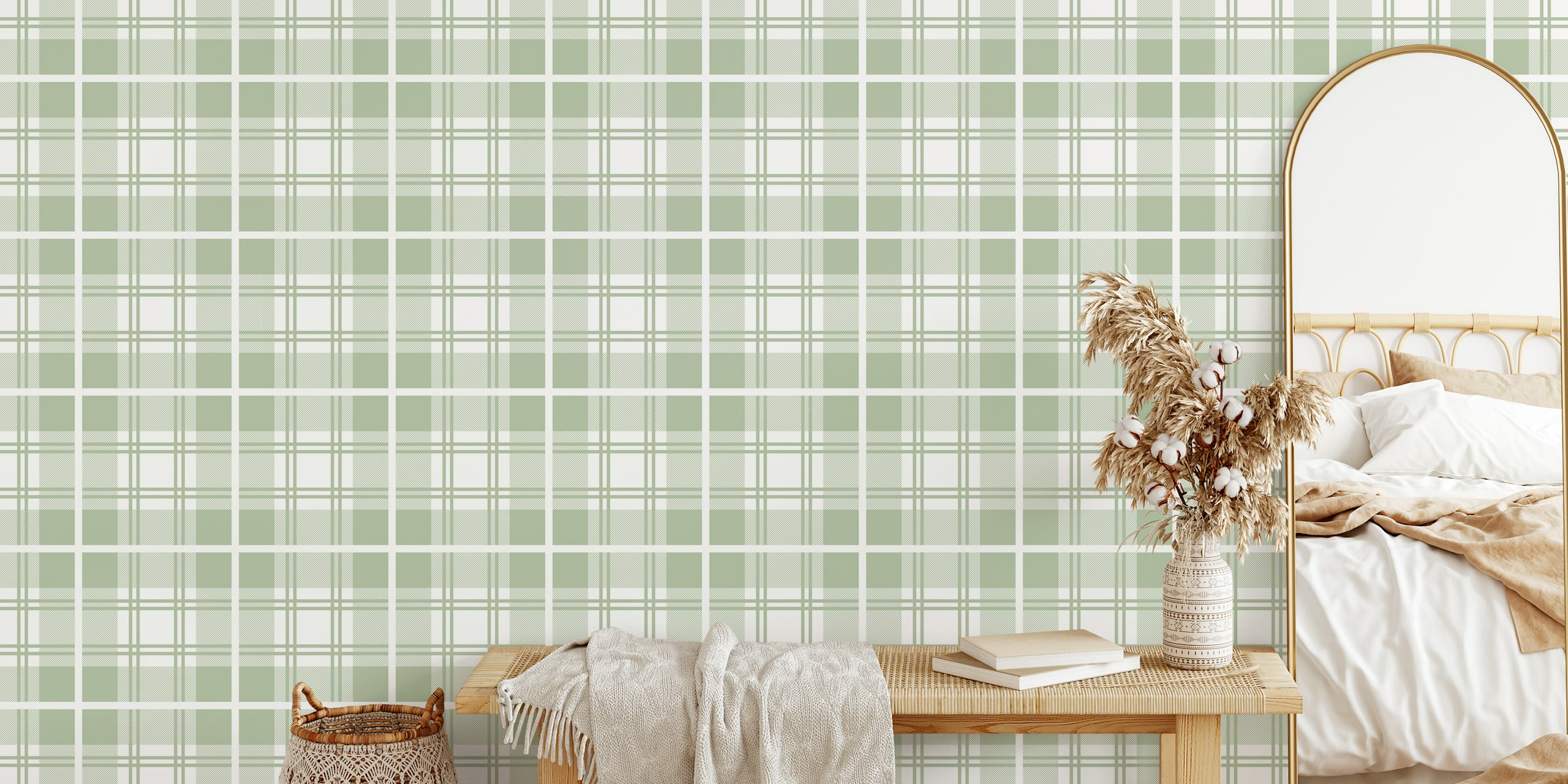 Sage green tartan check plaid wallpaper in a room