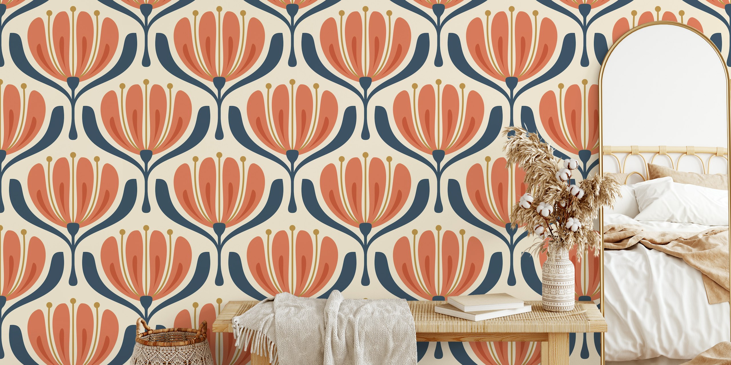 Vintage floral pattern in red and navy colors wallpaper