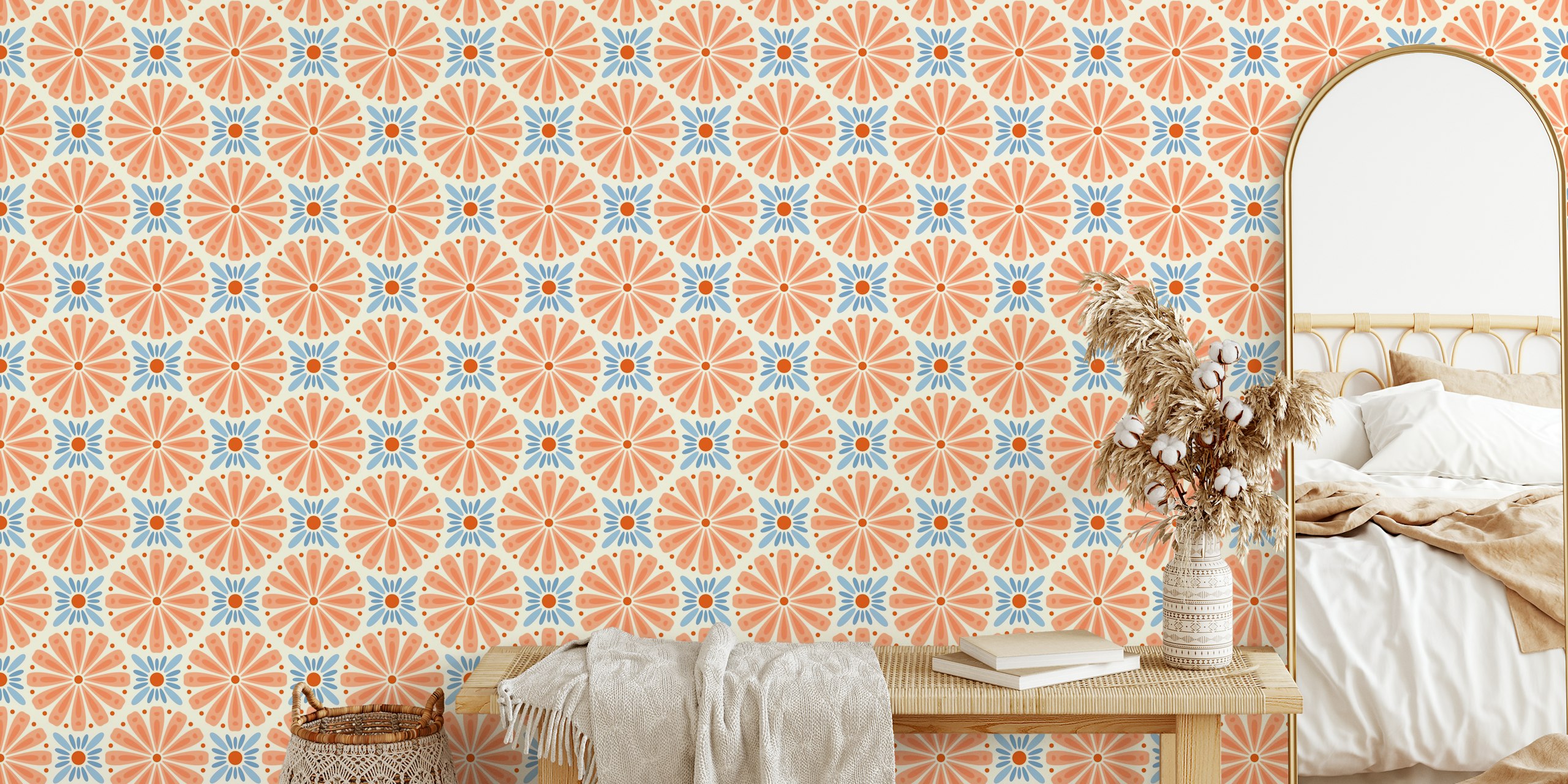 Peach blue floral wallpaper design in a room
