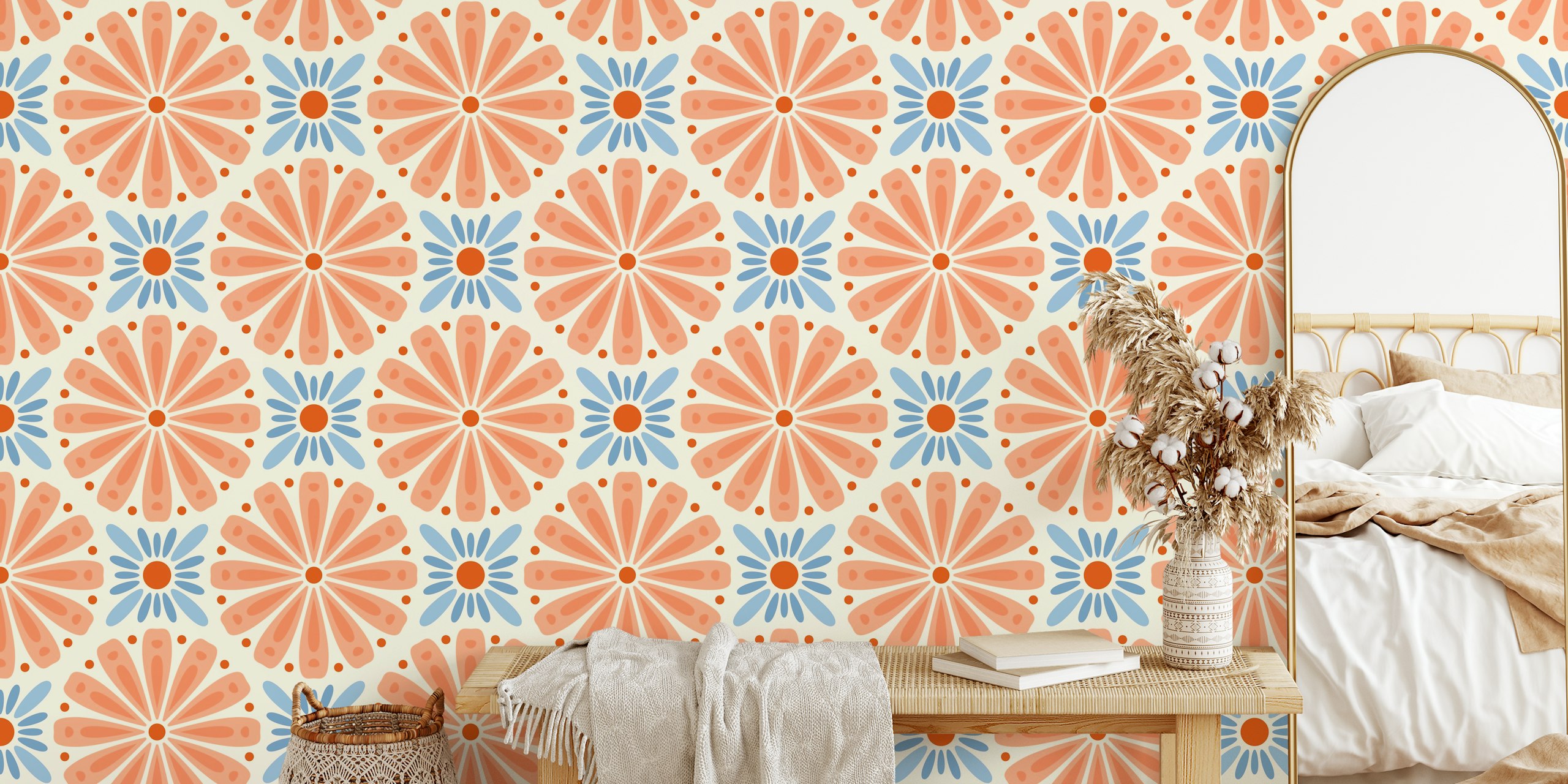 Peach and blue floral pattern wallpaper featuring large flowers