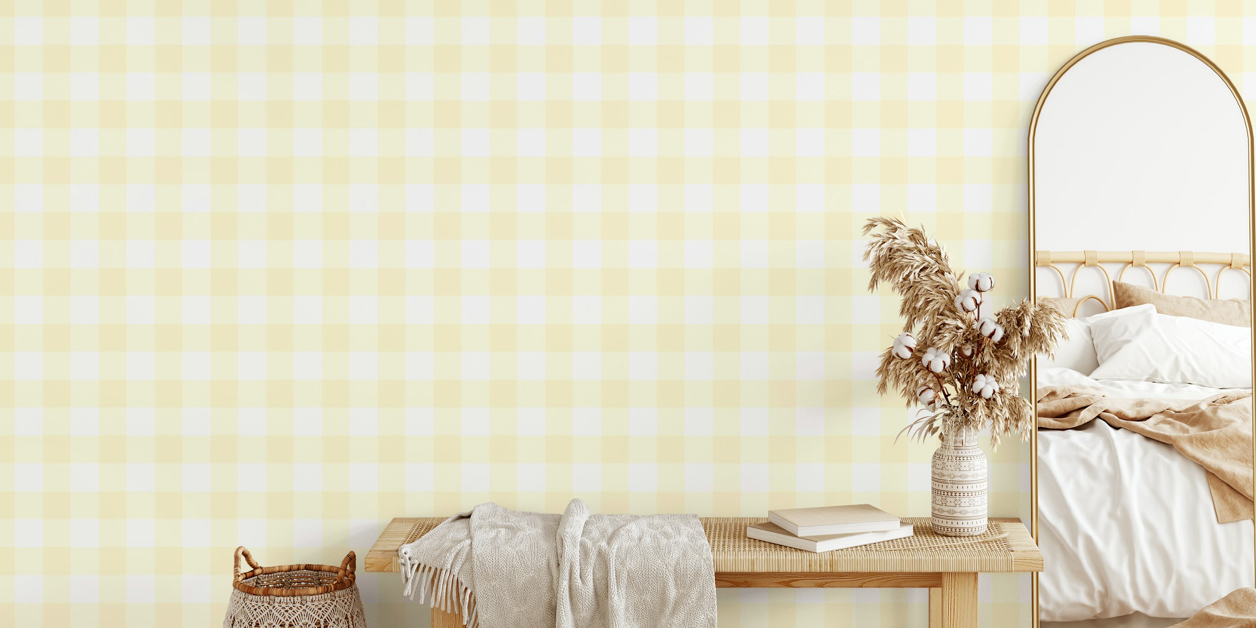 Pale yellow and white gingham pattern wallpaper