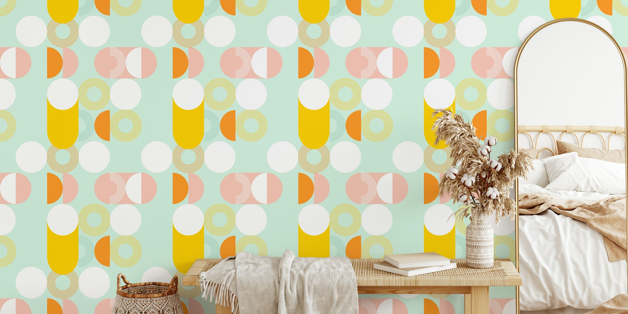 Geometric circle pattern in pastel blue, pink, yellow, orange and white wallpaper