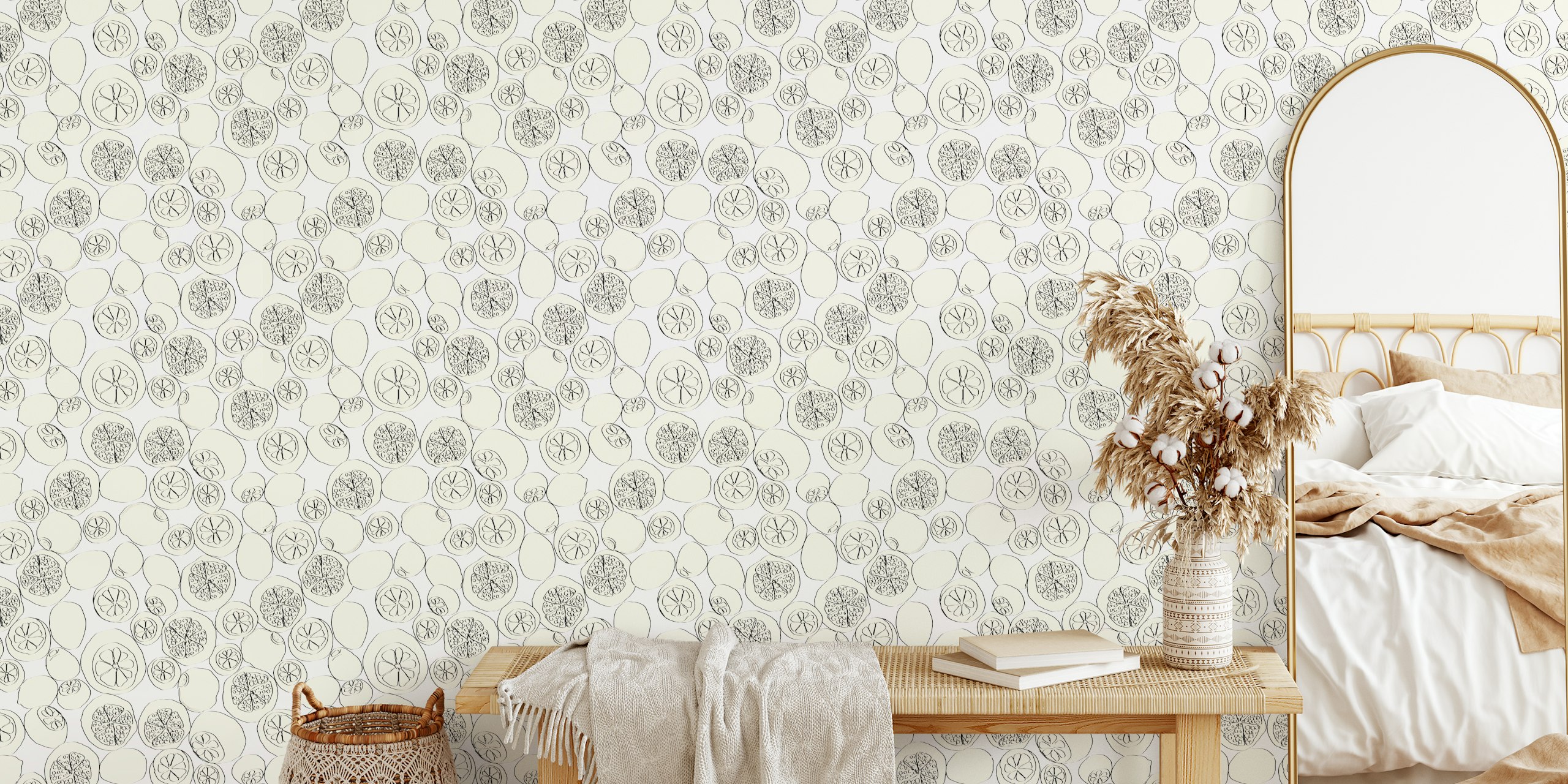 Lemon slice illustrations in black outline on white background wallpaper