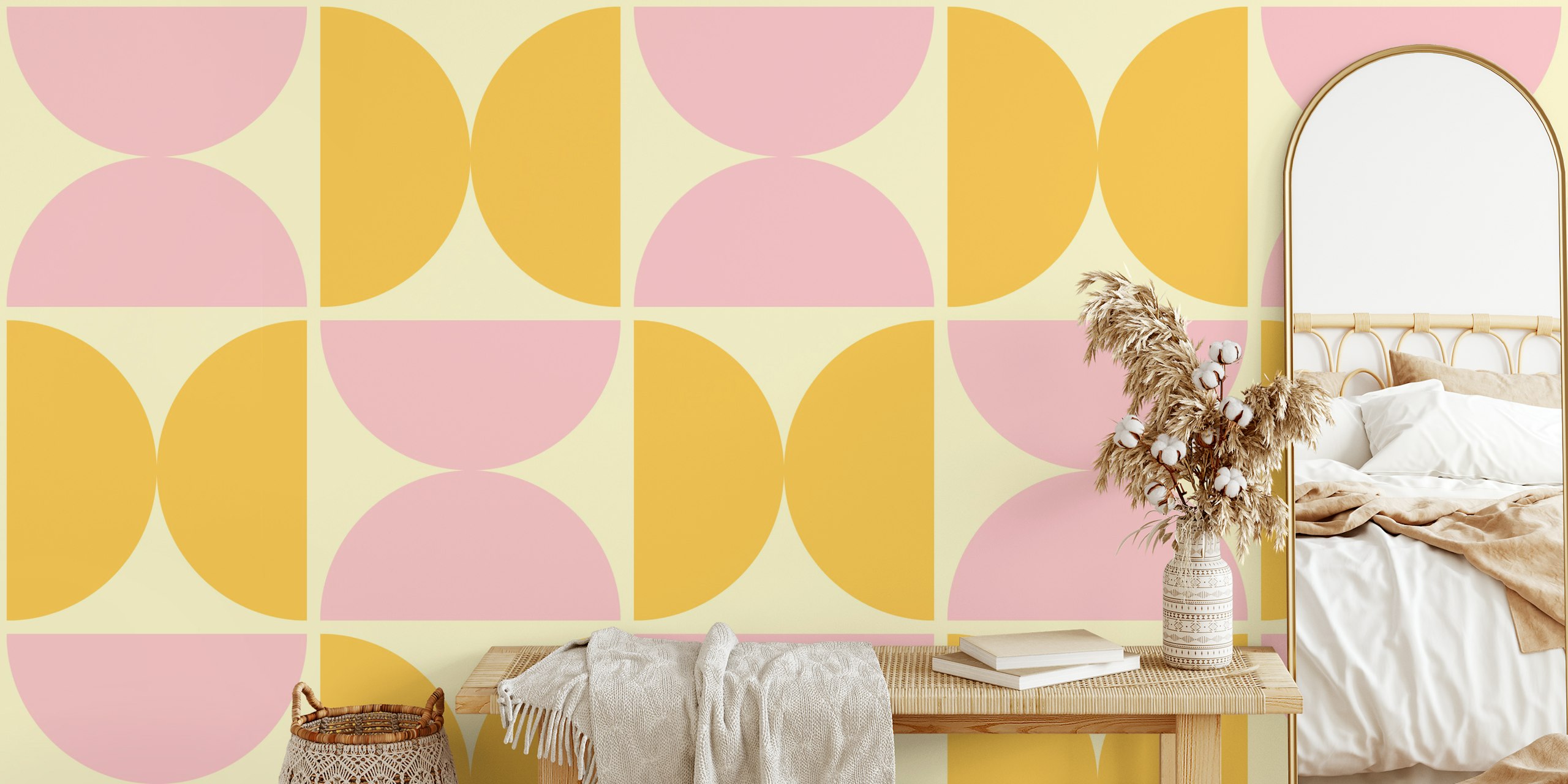 Pink and yellow semicircles wallpaper in a room