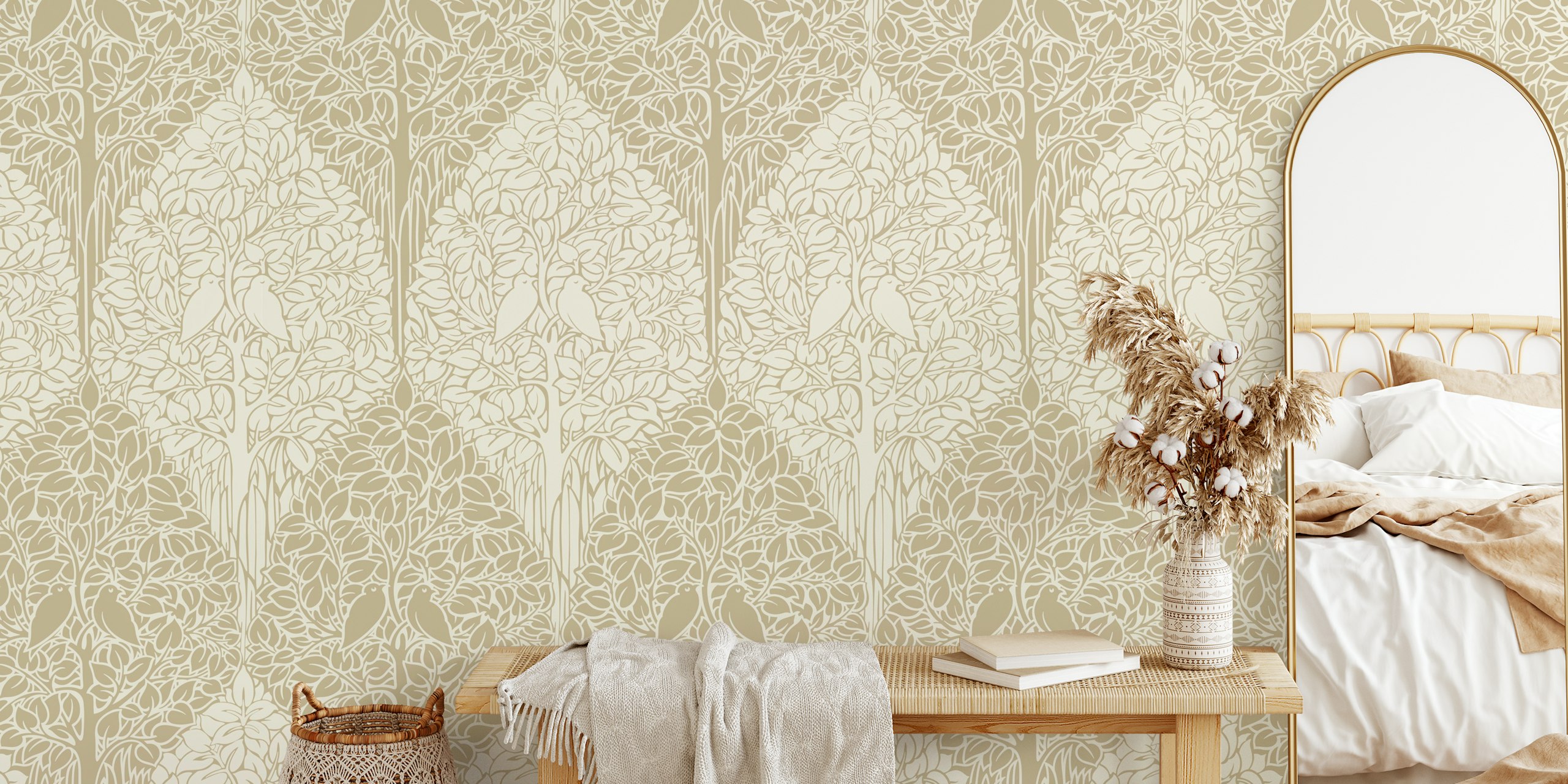 Birds and trees in beige tones inspired wallpaper