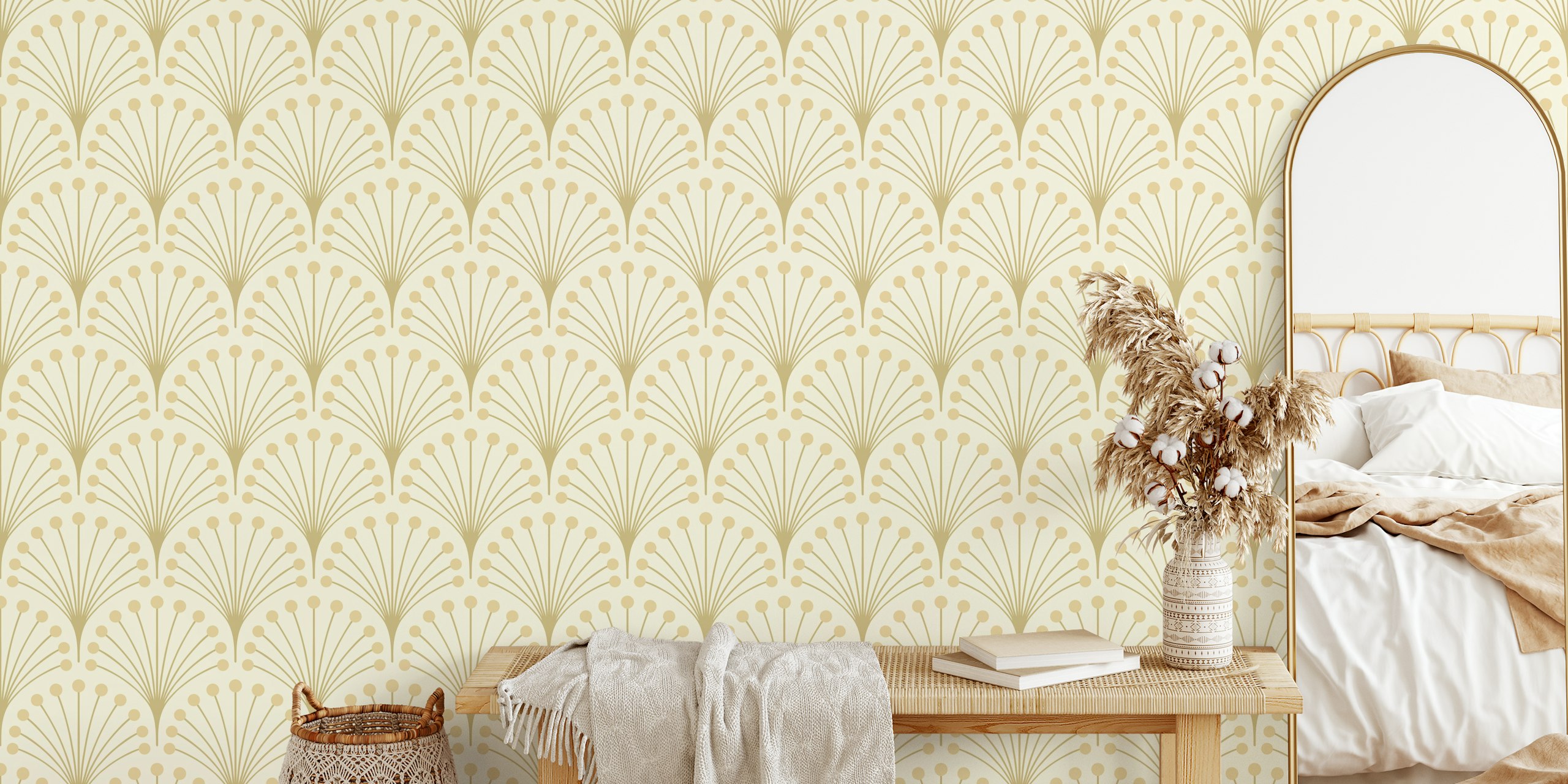Beige art deco floral pattern wallpaper with fan shapes and dots