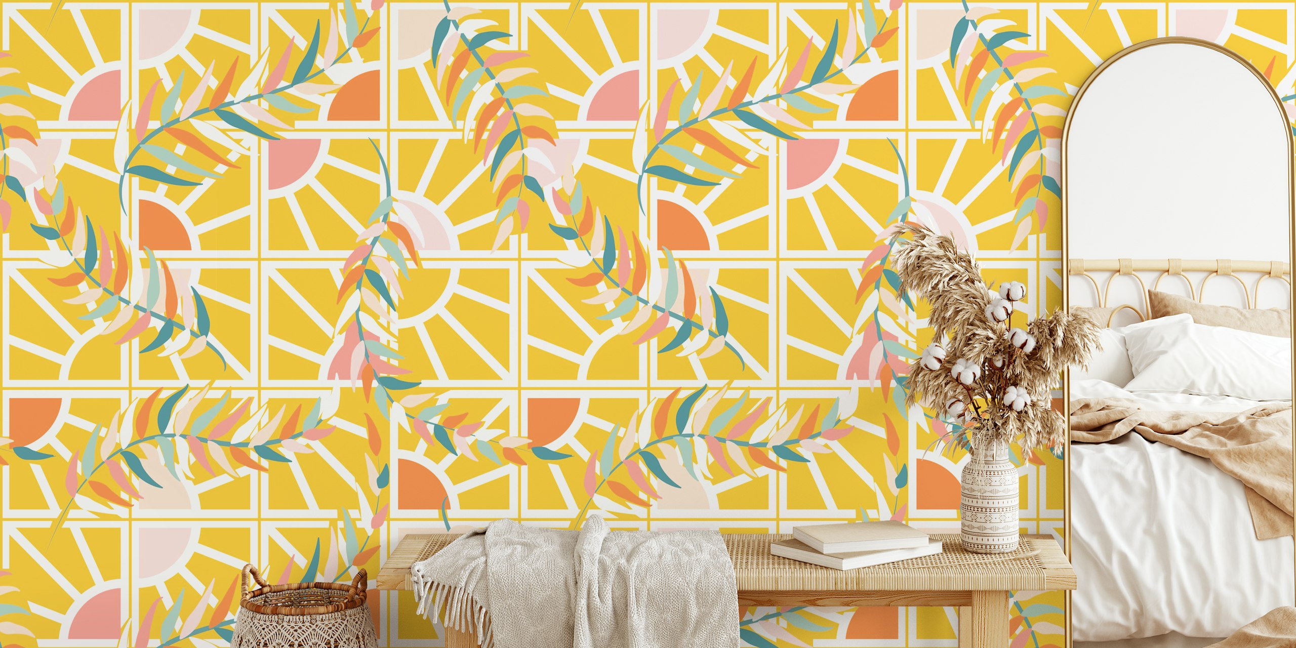 Floral and geometric pattern in sun yellow, pink, and teal wallpaper