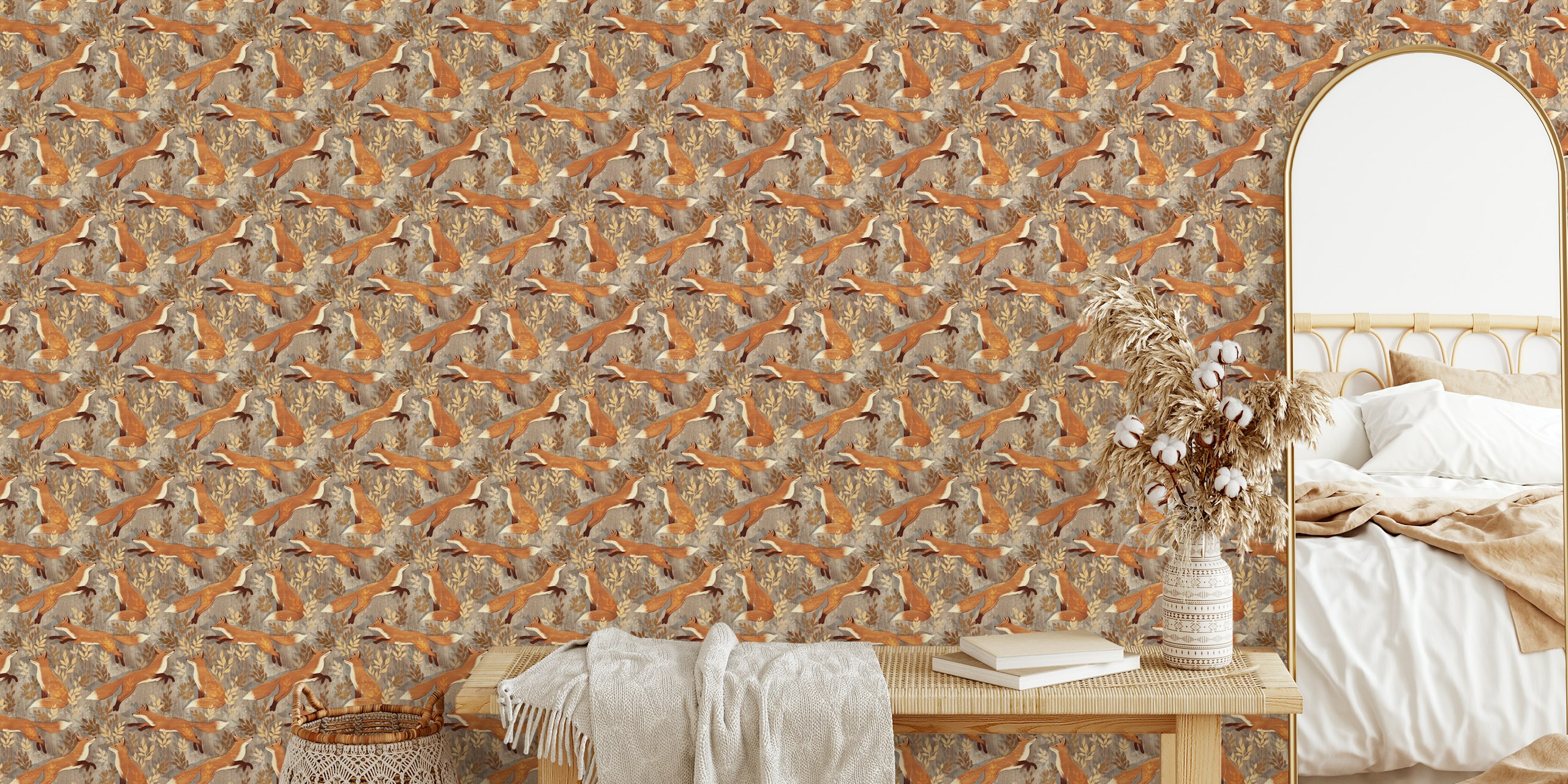 Playful foxes with leaves in warm colors wallpaper