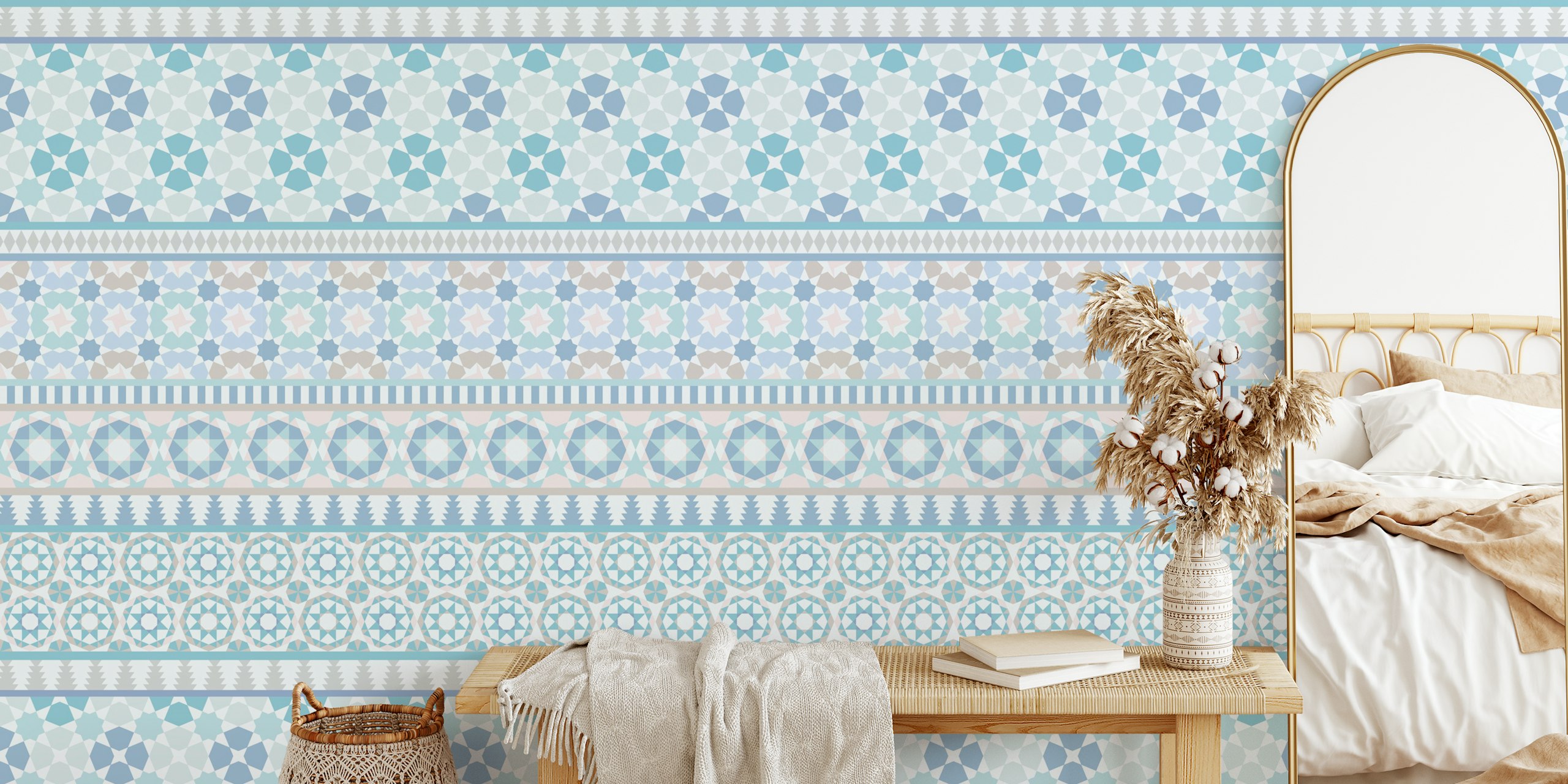 Geometric patterns in pastel blue and beige wallpaper
