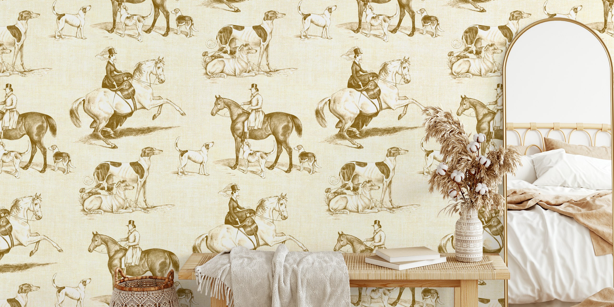 Vintage equestrian scene with horses and dogs in goldenrod wallpaper