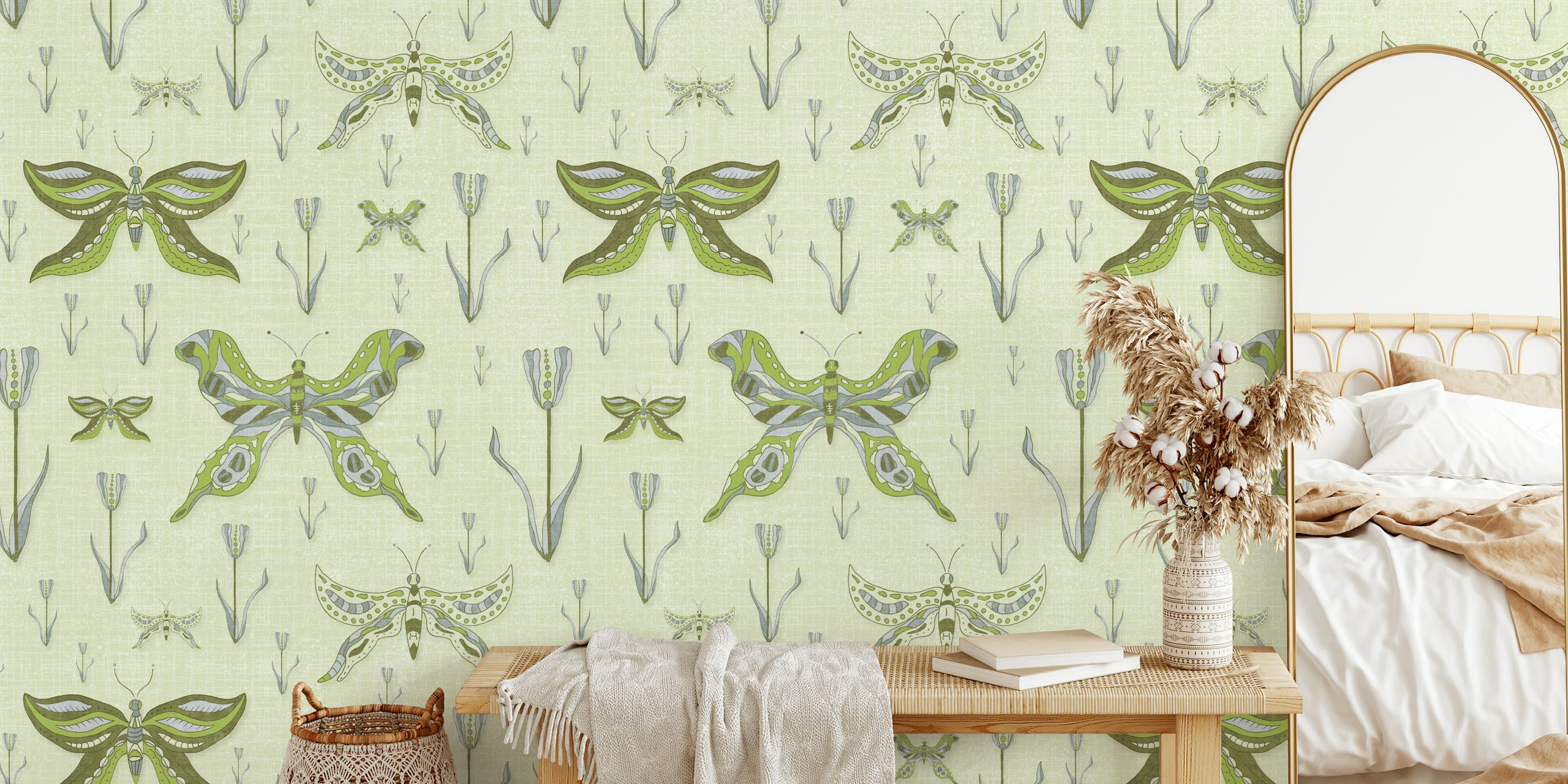 Forest Green Bountiful Butterflies Garden diseño de papel tapiz