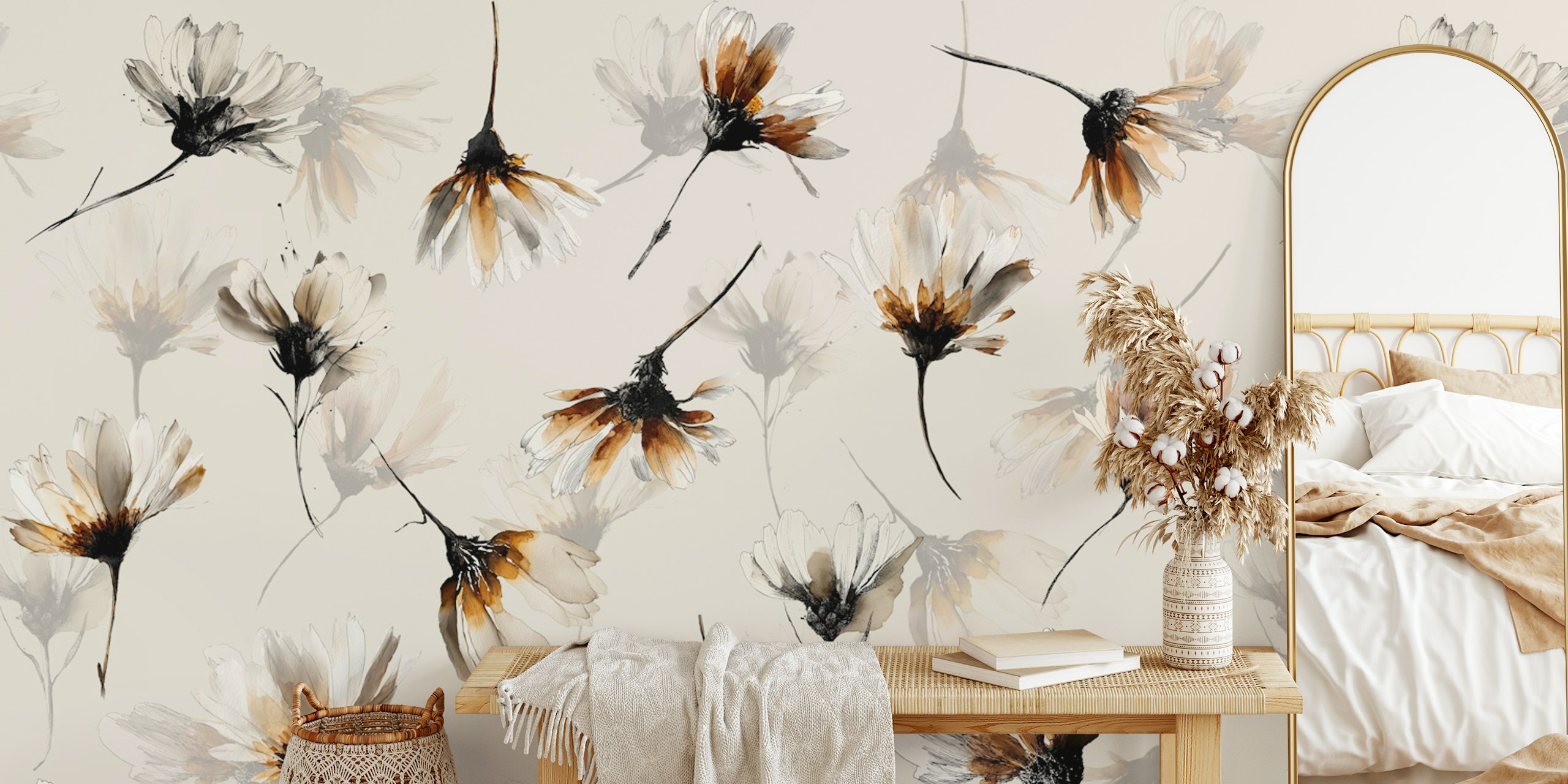 Floral pattern in beige and brown tones, elegant wallpaper