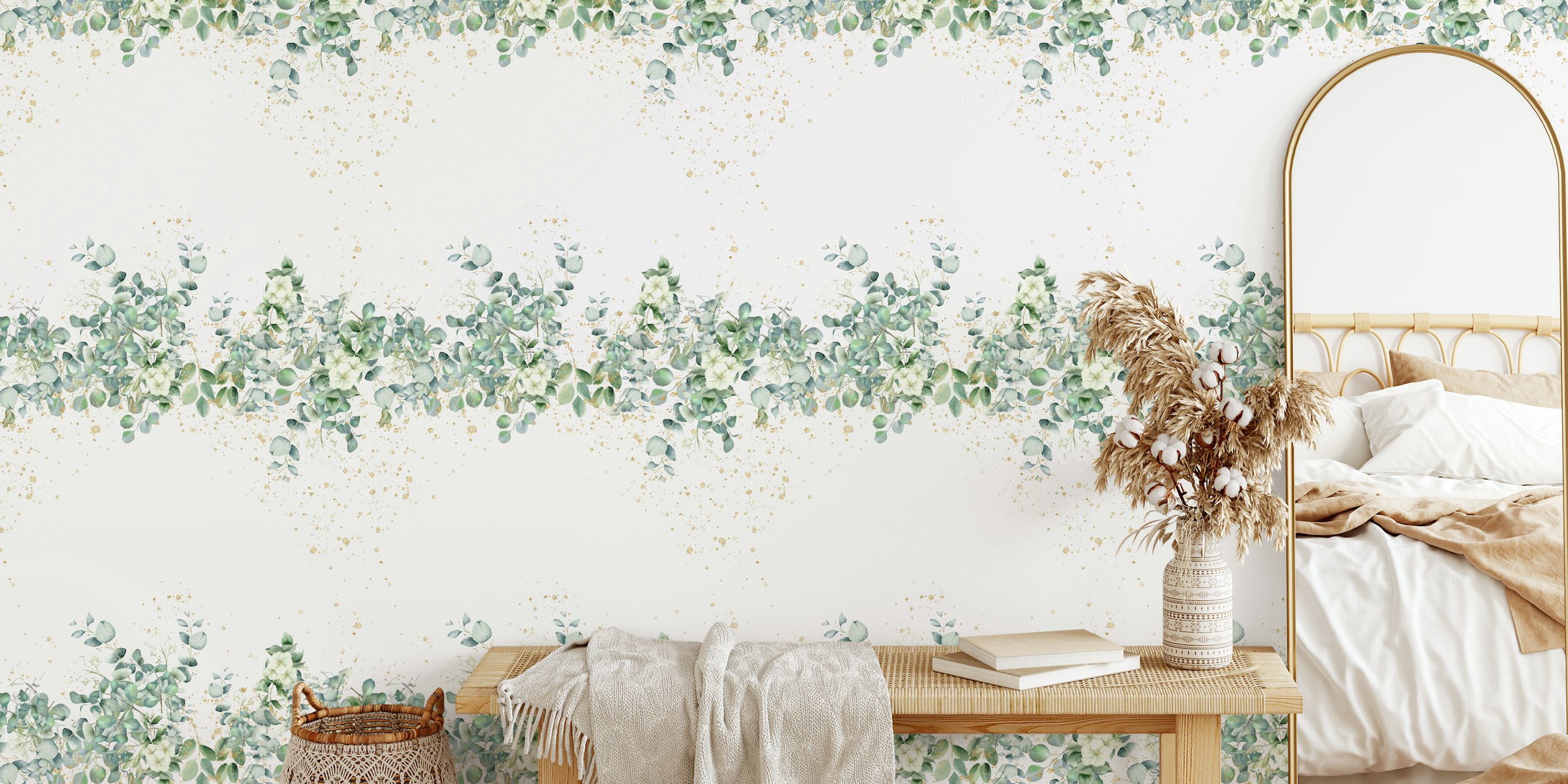 Eucalyptus Leaves wallpaper displayed in a room